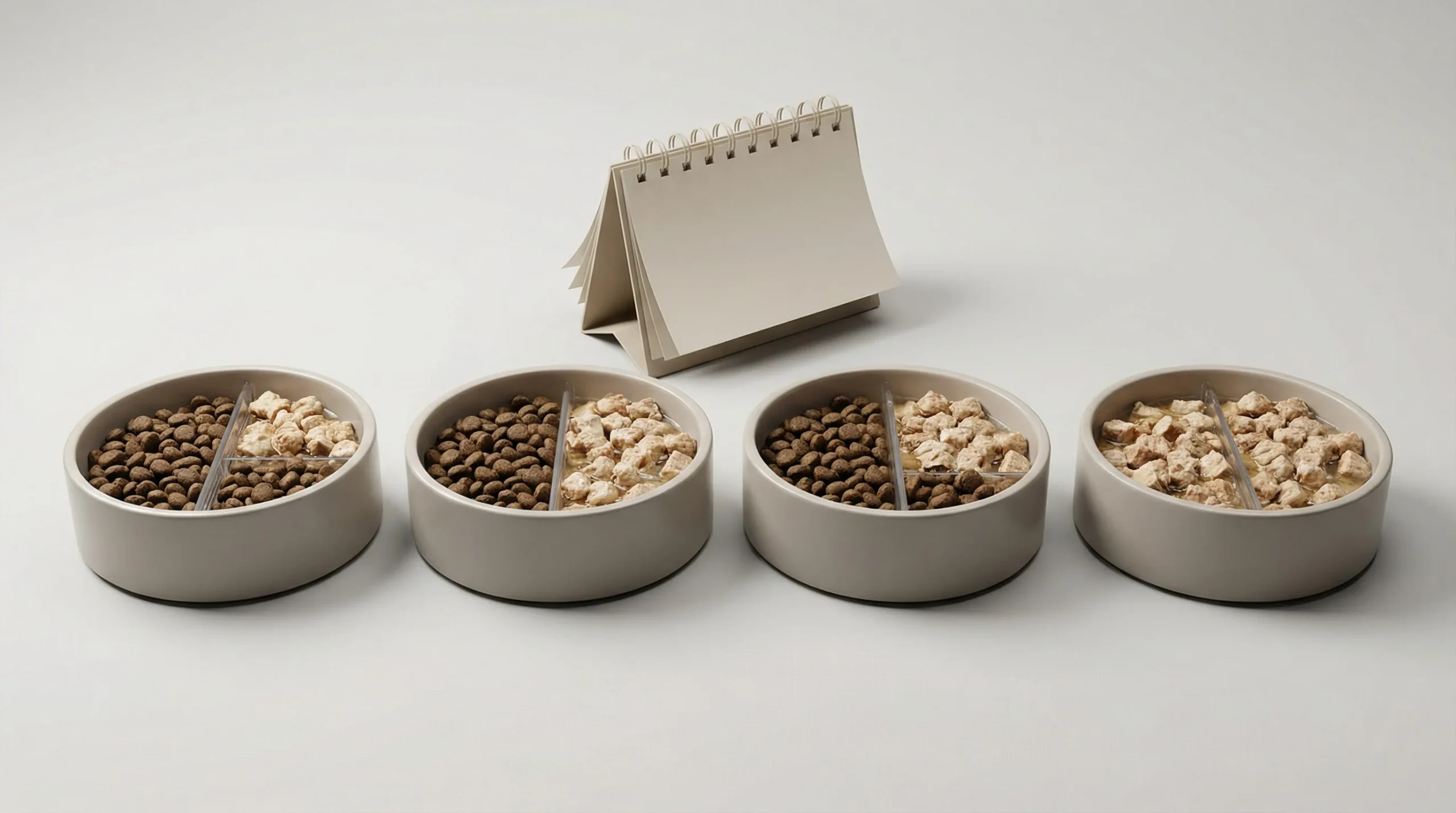 Professional 3D render illustrating a 7‑day transition schedule with portion changes. Four matte ceramic dog bowls arranged left‑to‑right on a light g