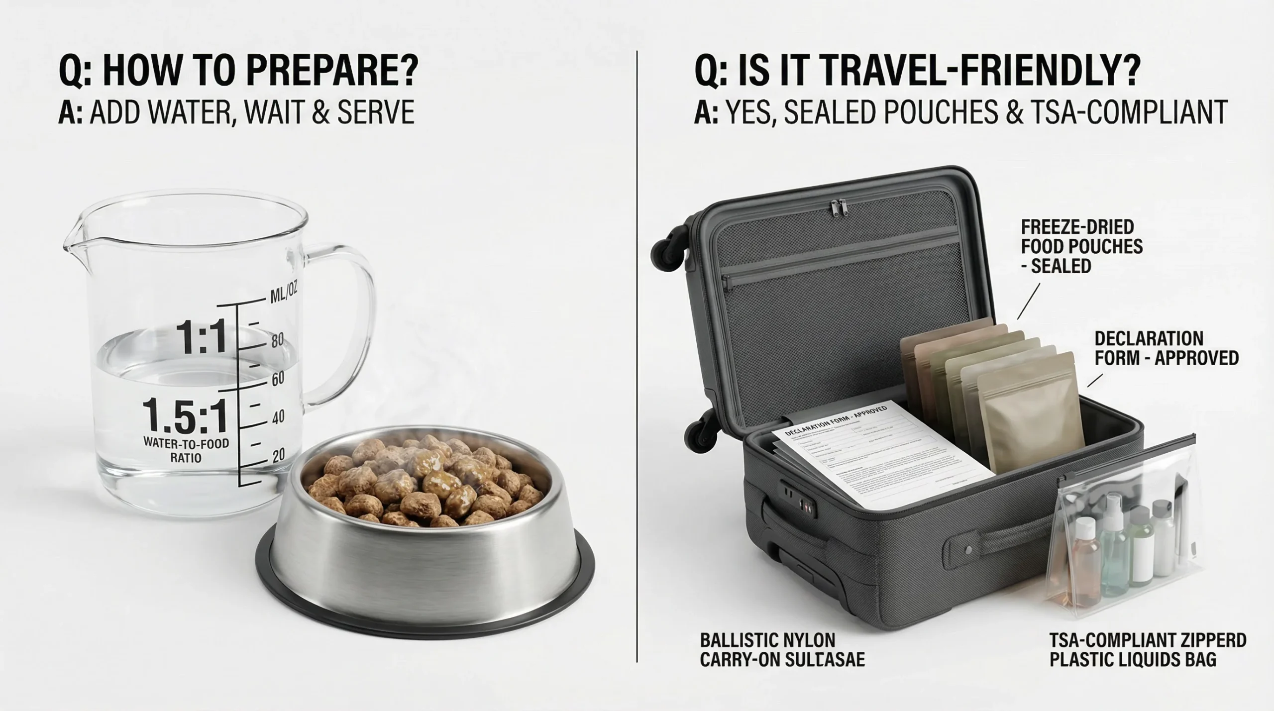 3D render, split-scene Q&A visual on a clean white studio background. Left side: a laboratory-clear measuring beaker with bold volumetric markings sho