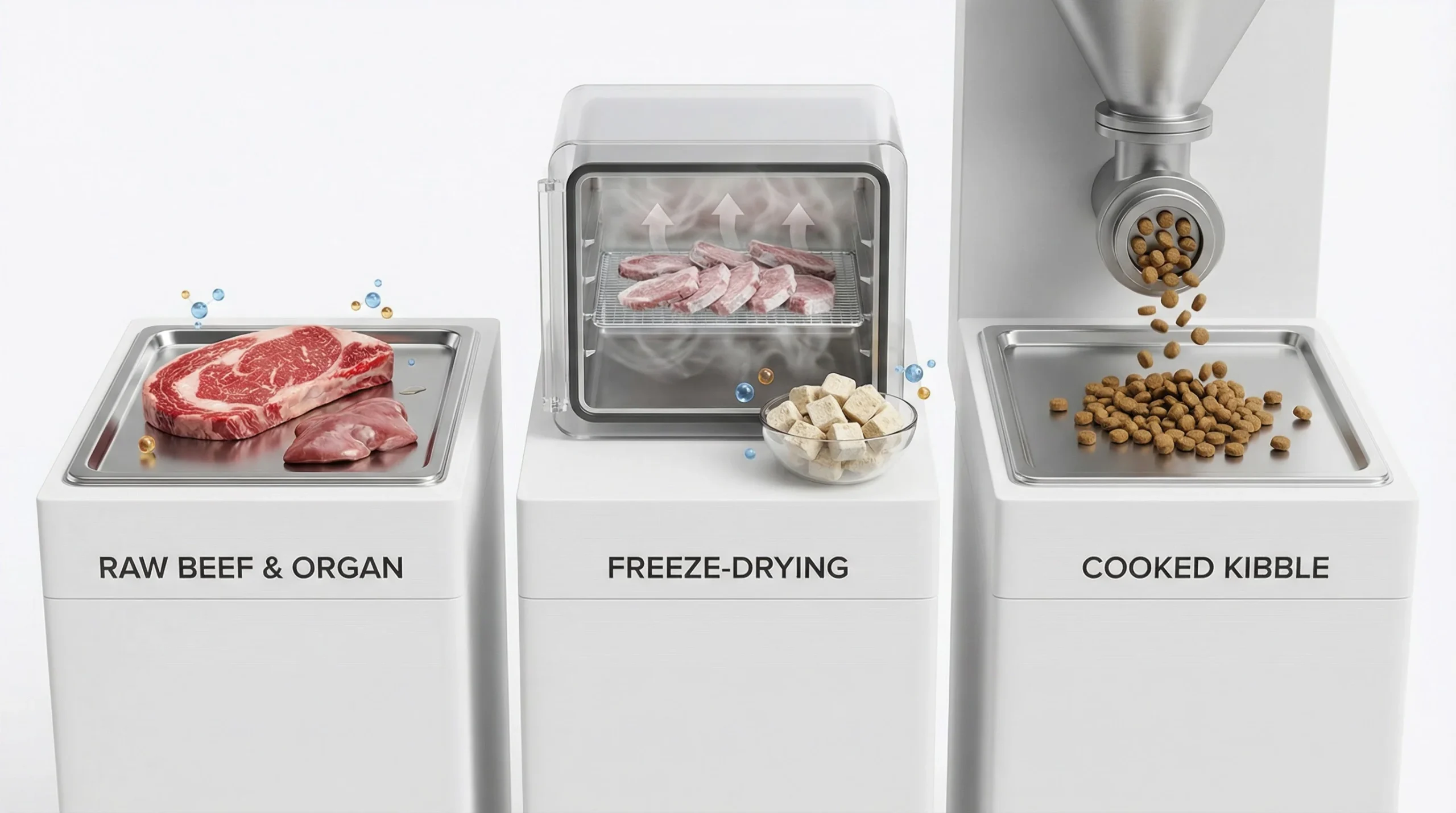 Studio 3D product comparison on a white seamless background. Three side-by-side modules illustrating dog food processing: (1) fresh raw beef steak and