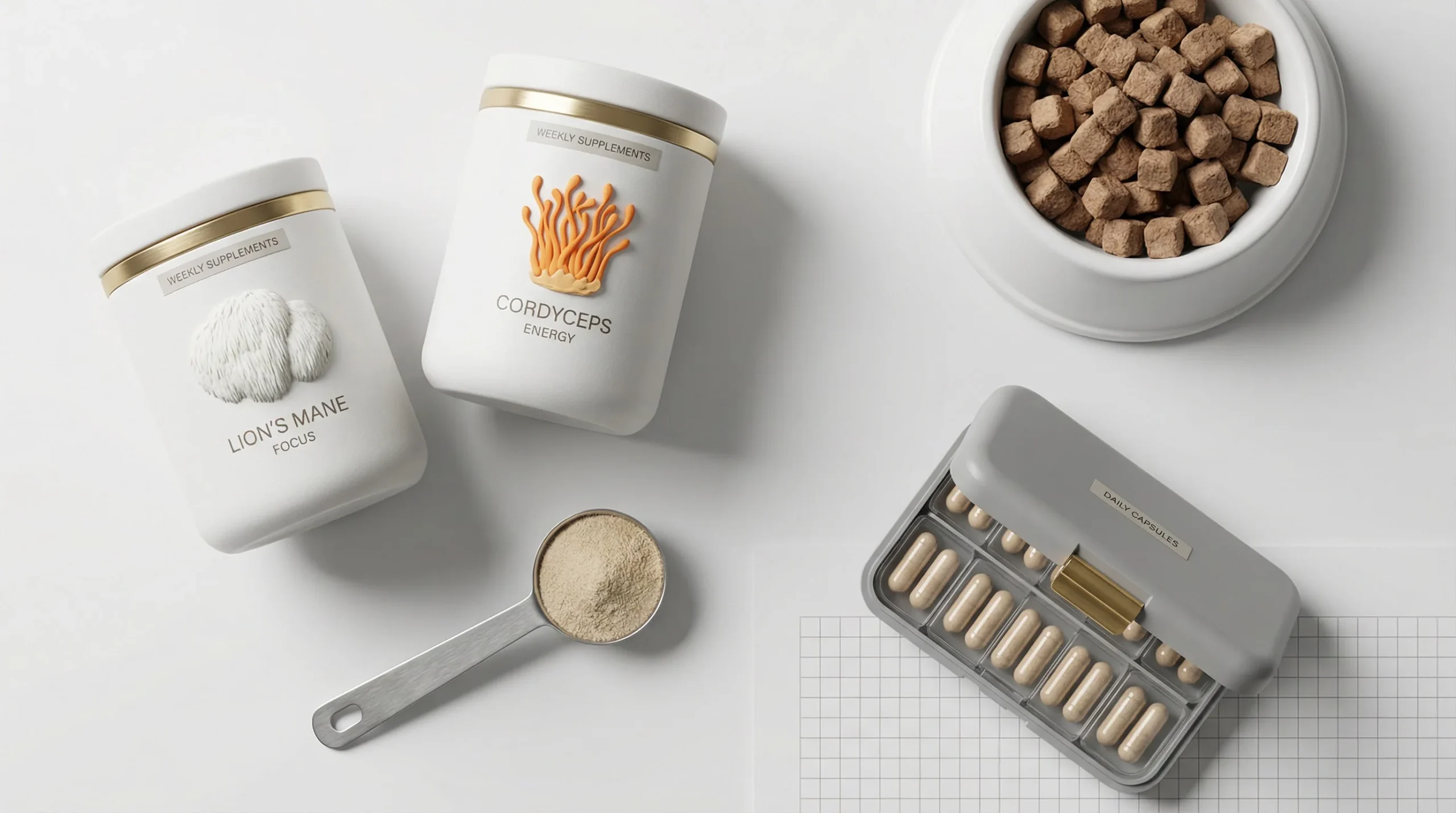 Top‑down, studio 3D render of a clean weekly pet supplement planner scene on a white desk surface. Elements include: two matte white canisters with go