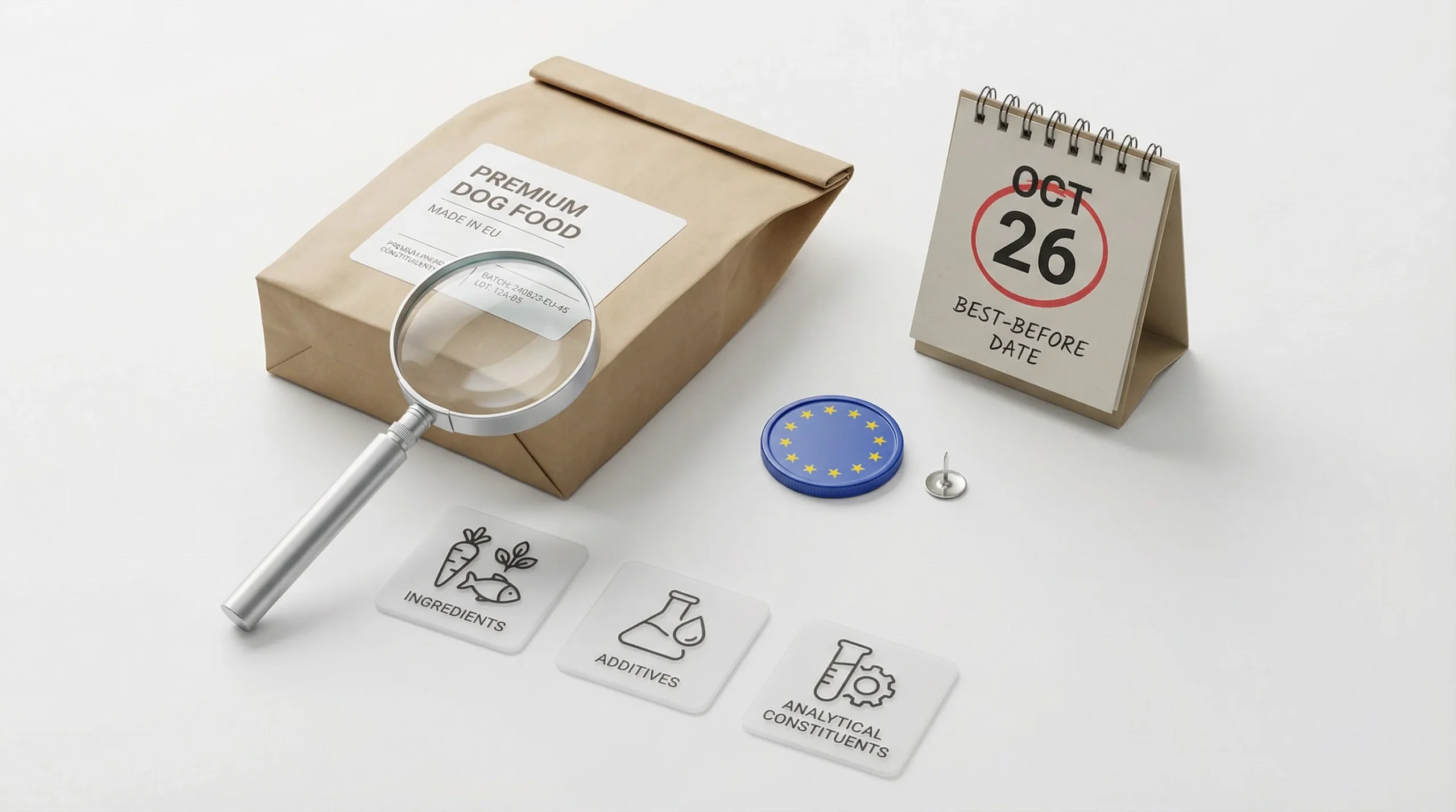 3D render, top-down flat lay of a buyer’s checklist toolkit for evaluating EU pet food: matte kraft dog-food bag with a crisp white label, a magnifyin