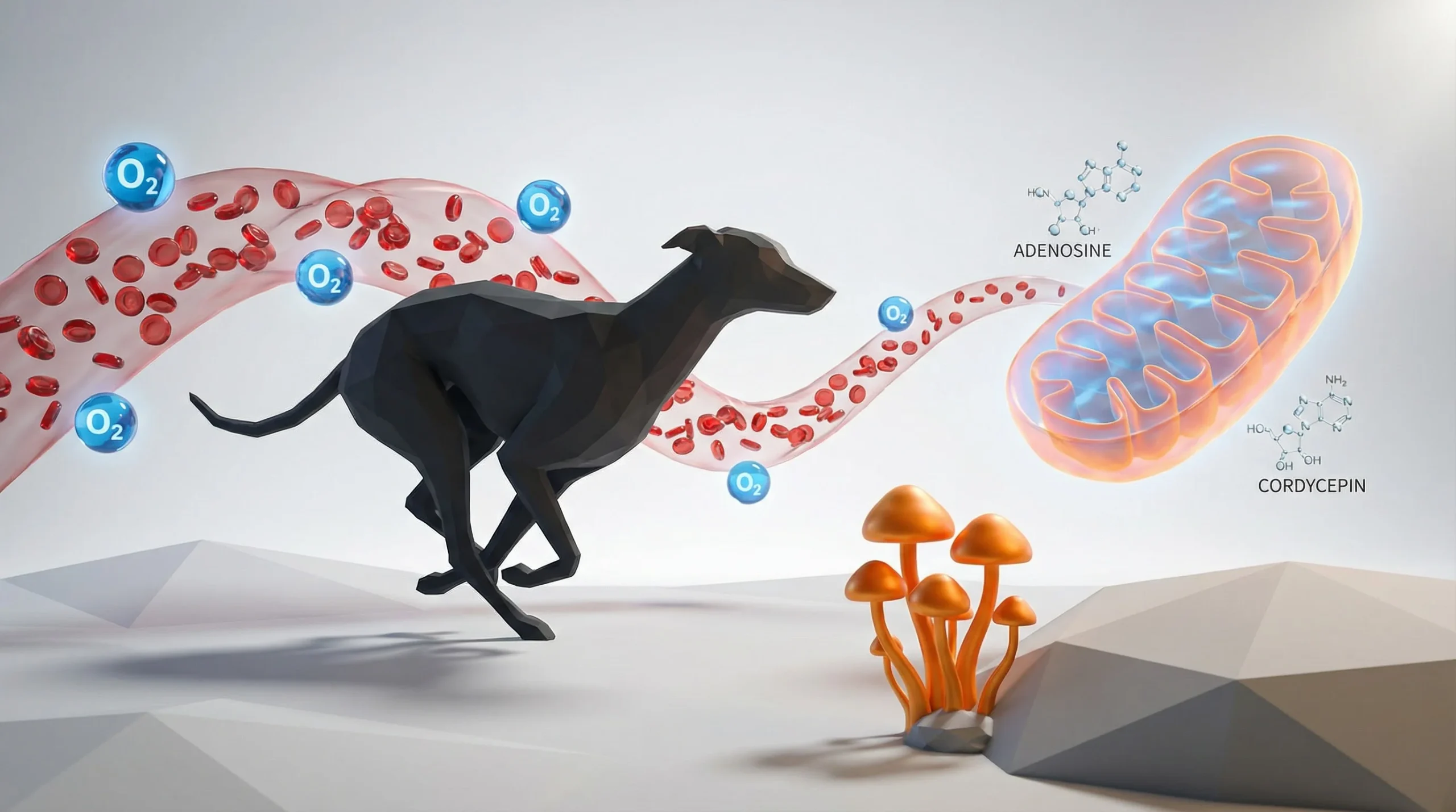 Dynamic 3D render of a sprinting dog silhouette in matte charcoal on a minimal low‑poly terrain plane. A translucent stream of red blood cells curves 
