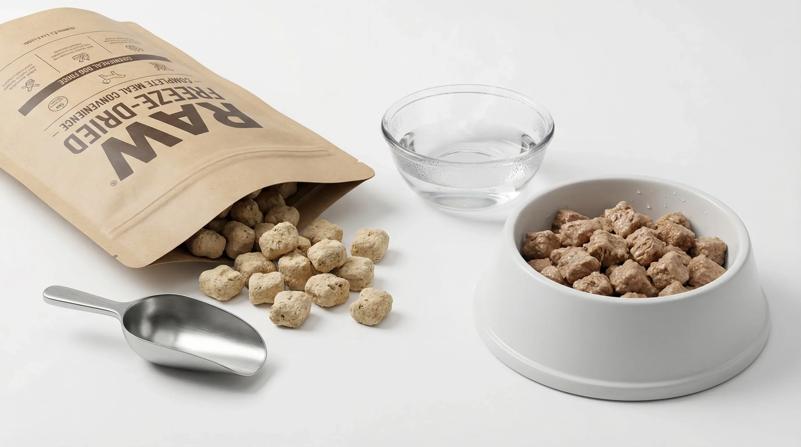 Clean, professional 3D product visualization showing the concept of freeze‑dried raw dog food and convenience. On a white seamless background, a matte