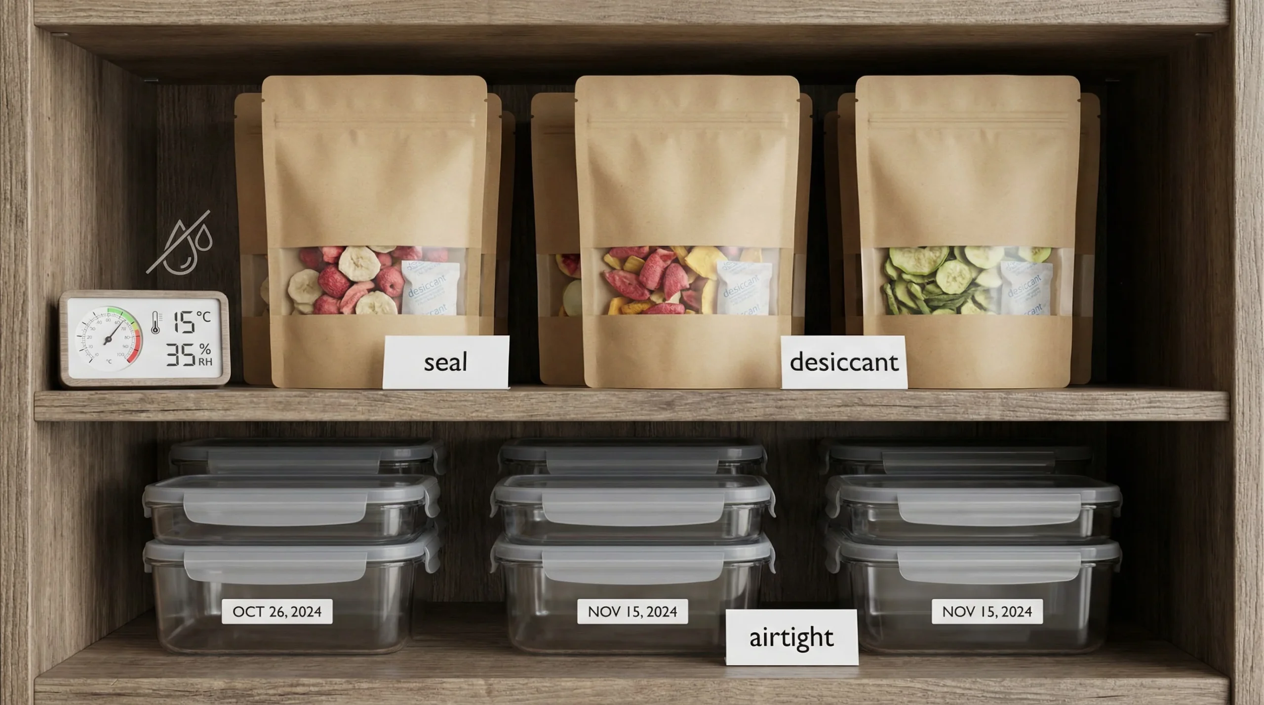 3D render of proper freeze-dried food storage: resealable stand-up pouches with zip locks and visible desiccant packets, alongside airtight stackable 