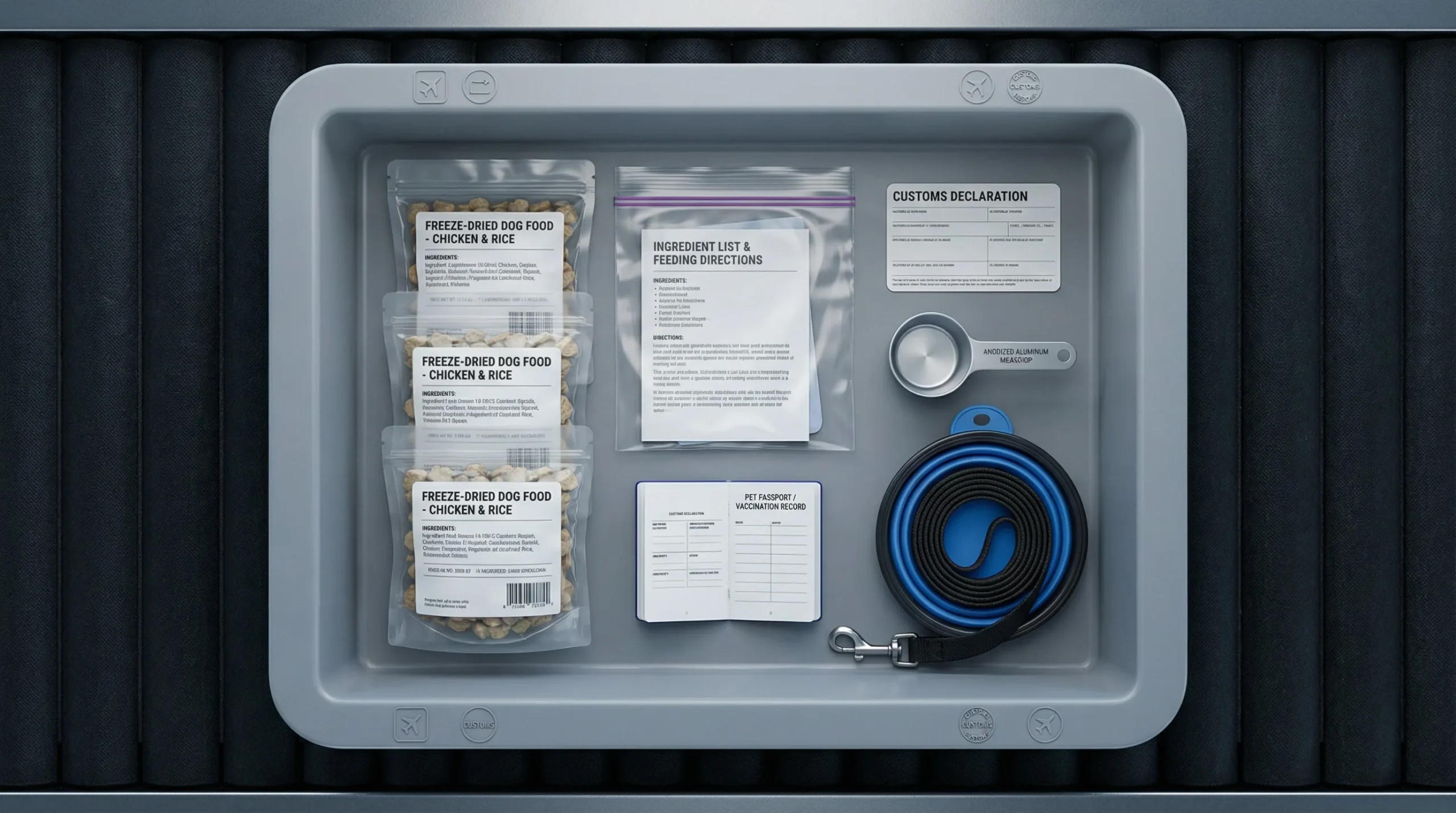 3D render, top-down view of an airport security tray on a matte conveyor surface. Inside the tray: sealed freeze-dried dog food pouches with clear pri