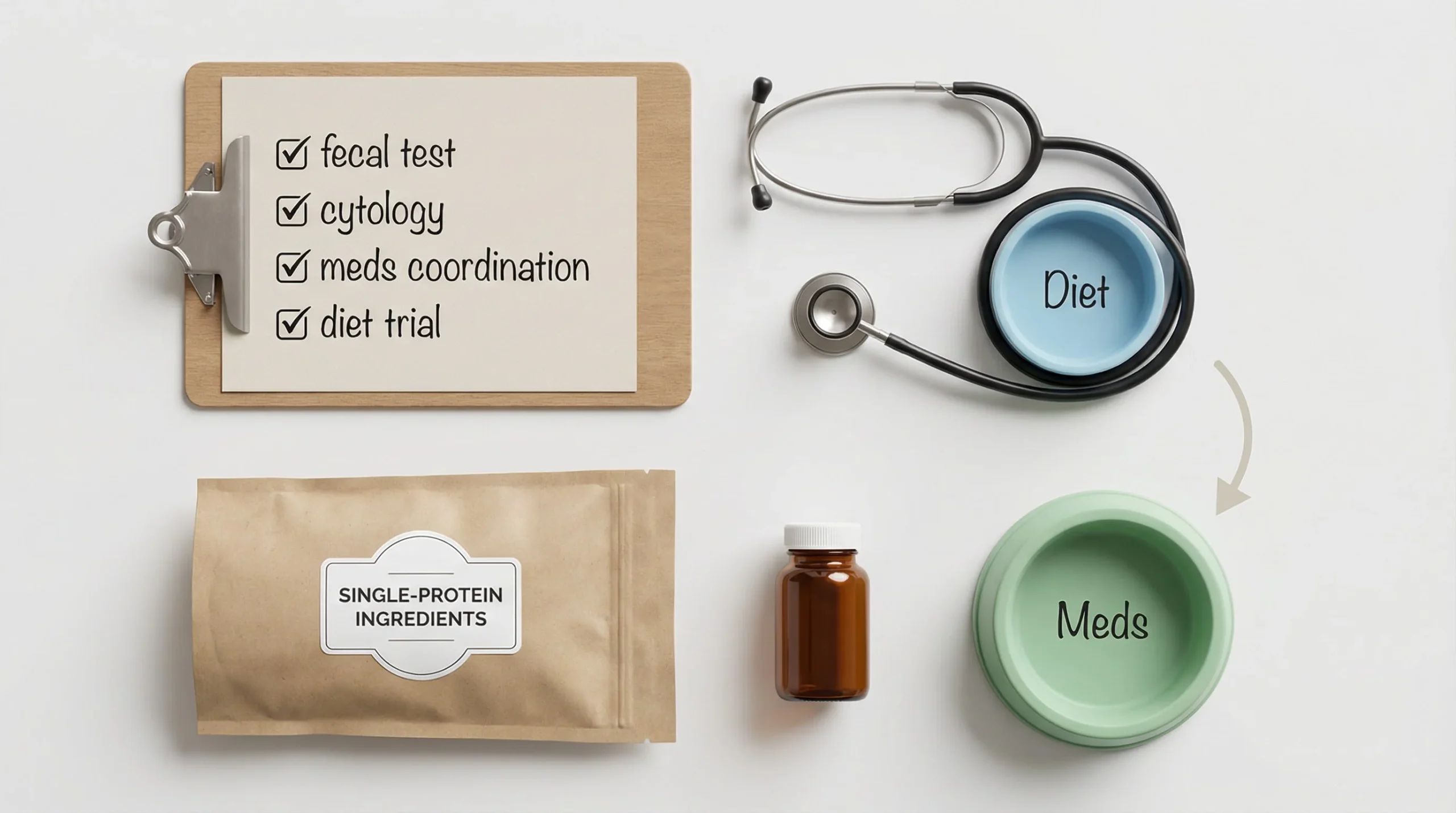 3D render of a veterinarian collaboration workspace arranged as a top‑down flatlay on a white desk. Objects: a clipboard with a neat checklist (fecal 