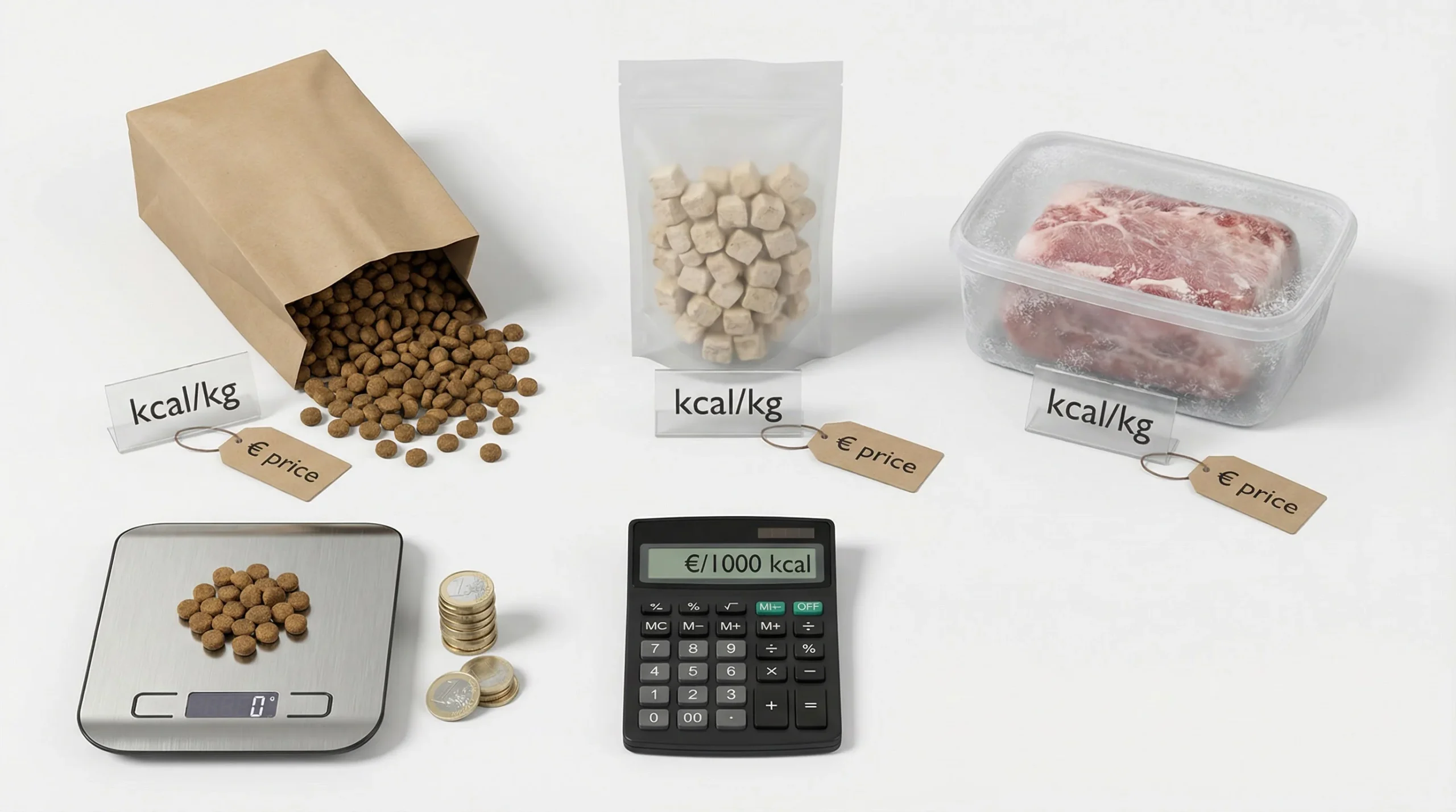 3D render, top-down flat lay on a white seamless background: three pet food containers arranged left-to-right—(1) matte kraft paper kibble bag with a 