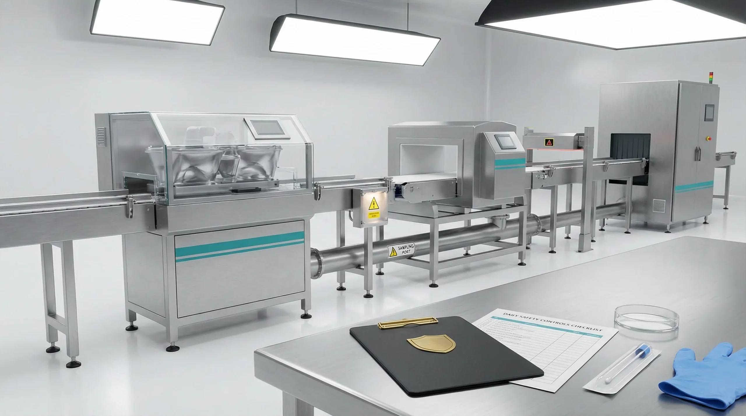 3D render of a hygienic pet food production line emphasizing safety controls: brushed stainless-steel conveyor with a sealed mixer, inline metal detec