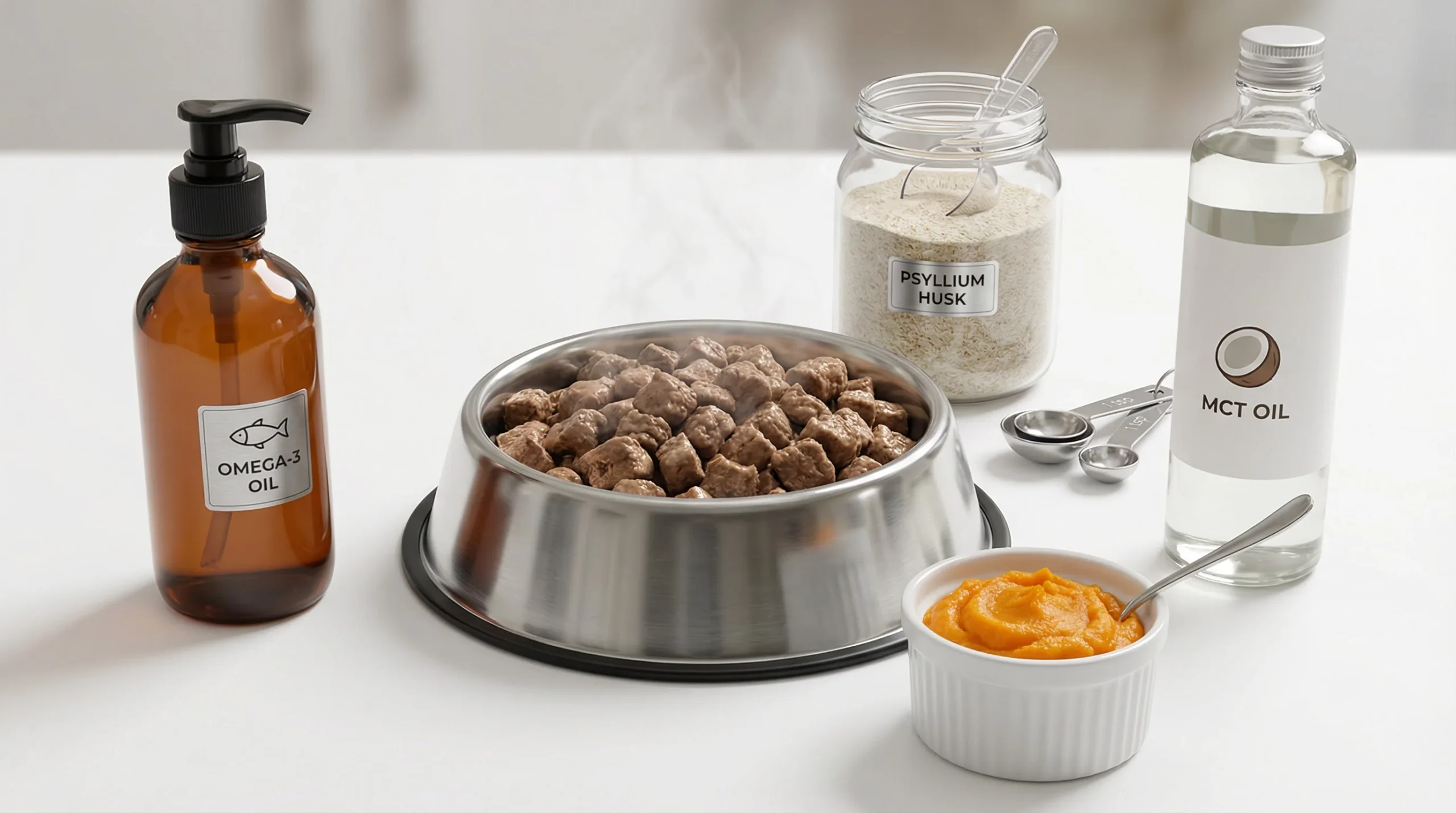 High-quality 3D render of a stainless steel dog bowl filled with rehydrated freeze-dried meal (moist, meaty chunks, light steam). Arranged around the 