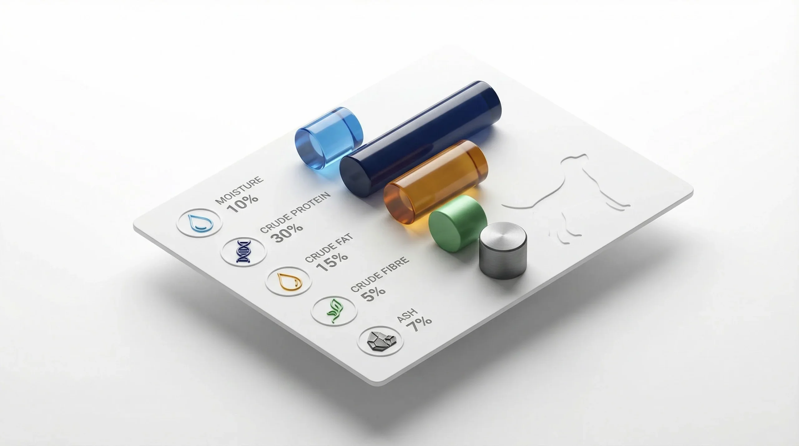 3D render of a clean, professional nutrition breakdown for dog food: an isometric floating white label card with five embossed icons — water droplet (