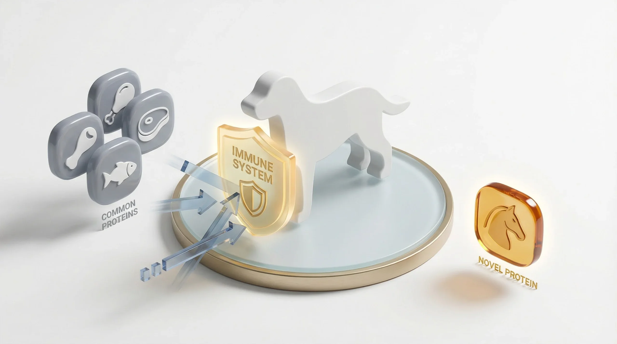 3D render, clean medical-style scene on a white studio background. Center: a smooth white dog silhouette standing on a circular platform. In front of 