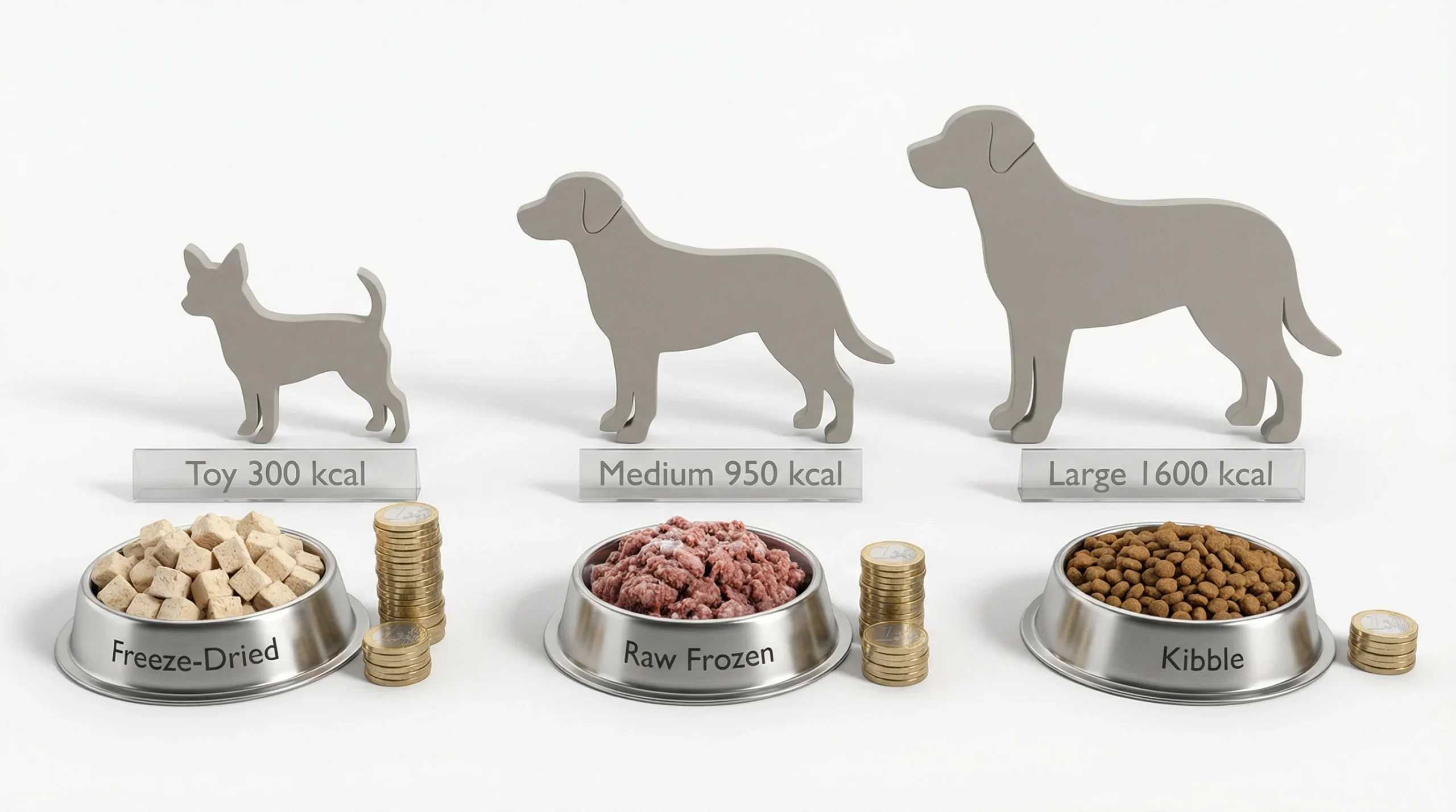 3D render, comparative lineup on white: three minimalist dog silhouettes (toy, medium, large) in matte neutral gray, arranged left to right increasing