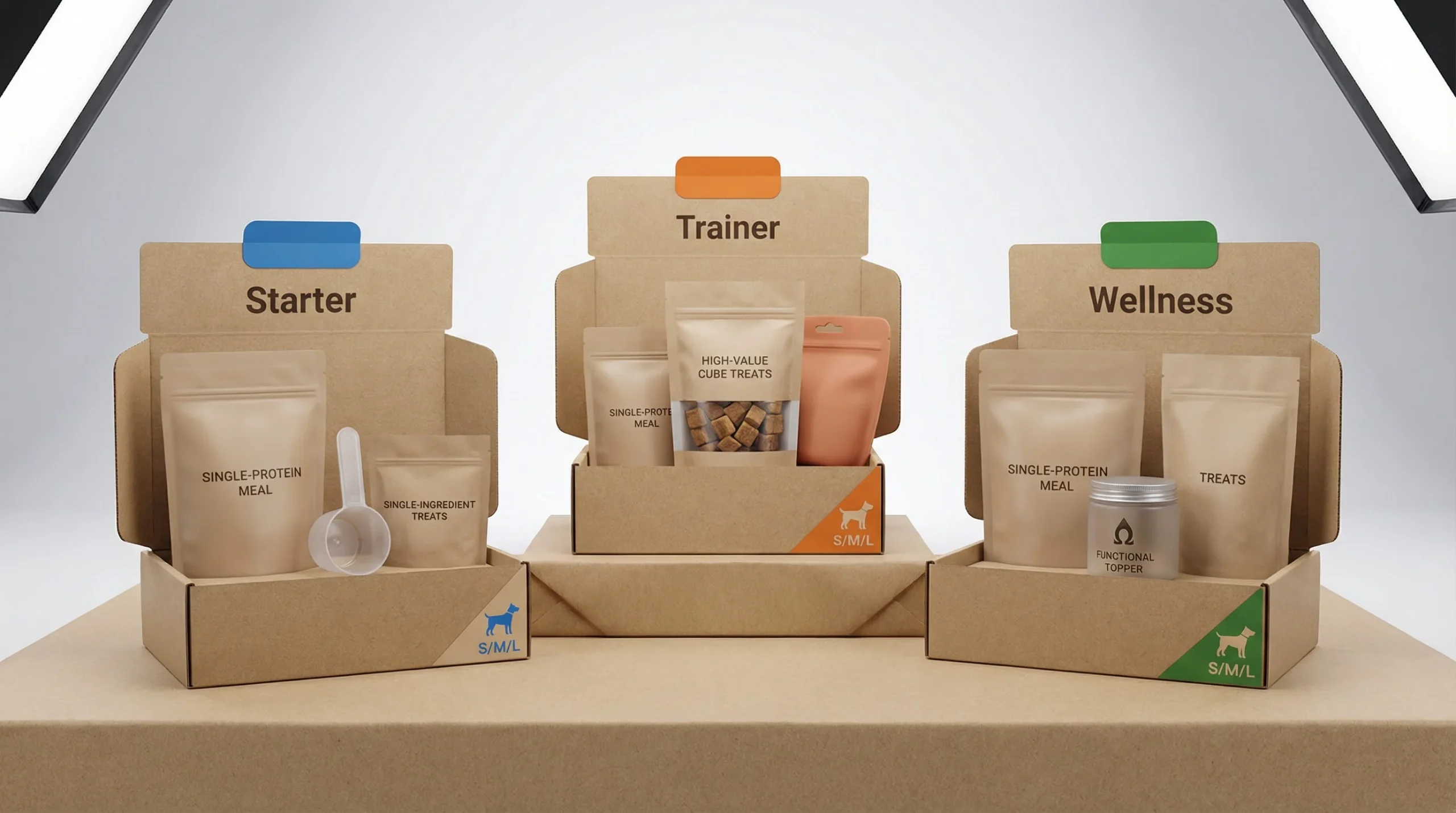 3D render of a countertop bundle display with three neatly arranged kits labeled via simple header cards: Starter, Trainer, Wellness. Each kit sits in