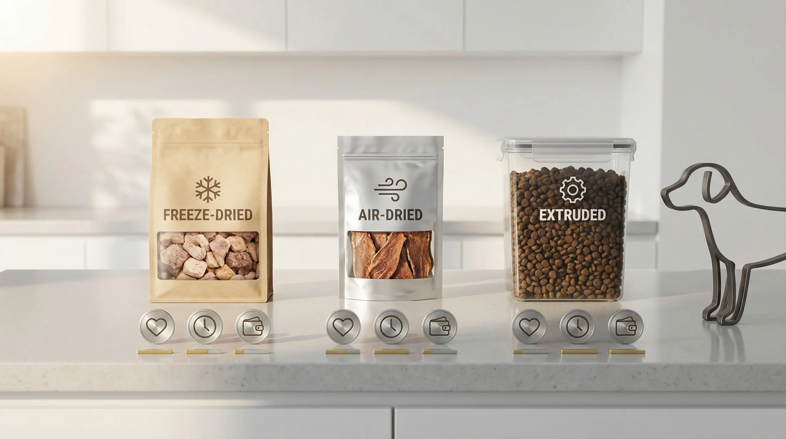Decision-focused 3D scene on a modern kitchen countertop showing three pet food options for different needs. Centered, evenly spaced: a matte paper ba