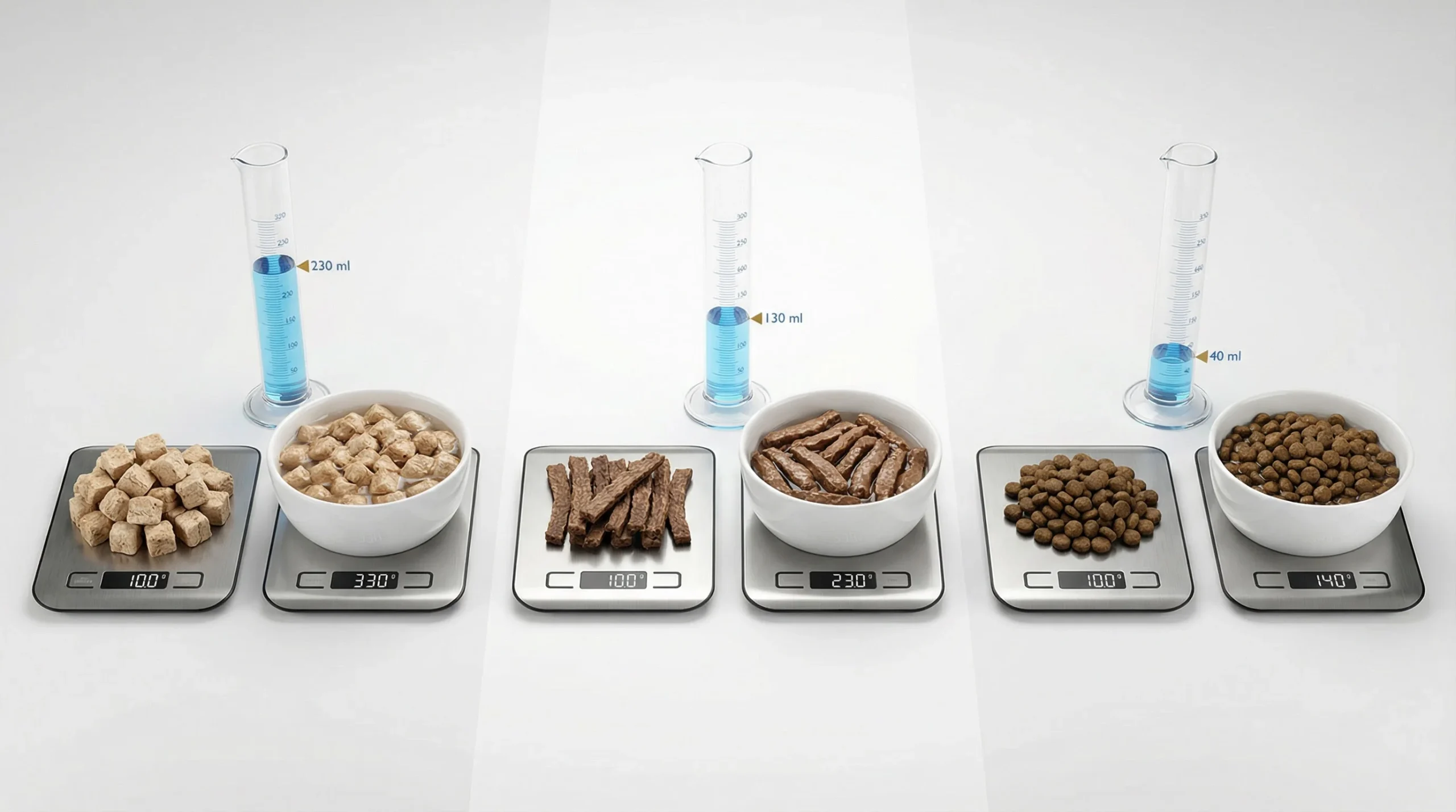 Triptych 3D render on a white studio surface visualizing rehydration yield and serving math for three formats. For each lane (left to right: freeze-dr