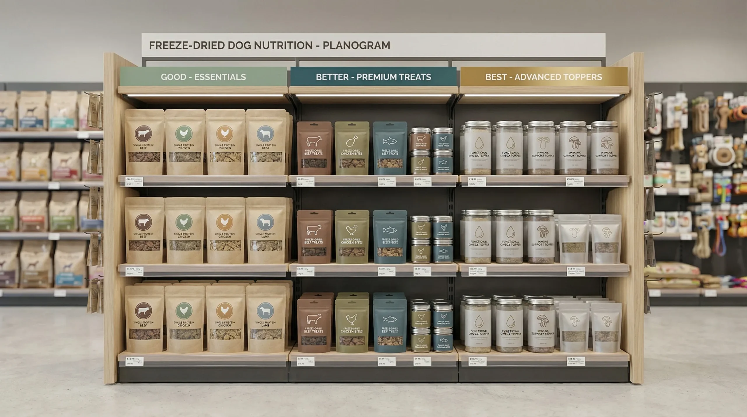 3D render of a European pet retail aisle planogram focused on freeze-dried dog nutrition. One shelf bay is divided into three vertical blocks from lef