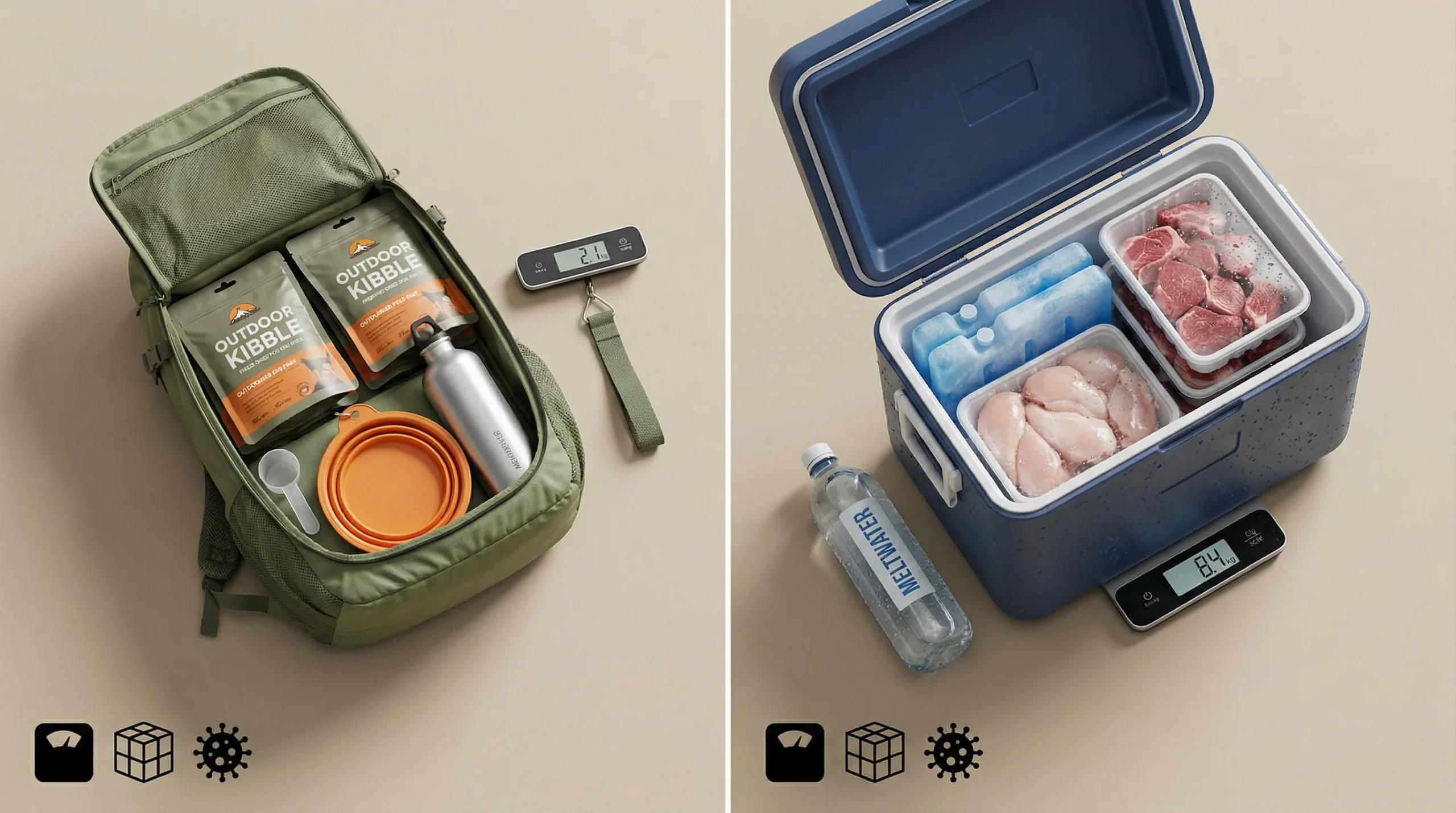 3D render, split top-down composition on a neutral sand matte background. Left panel: an ultralight hiking backpack partially open, neatly revealing r