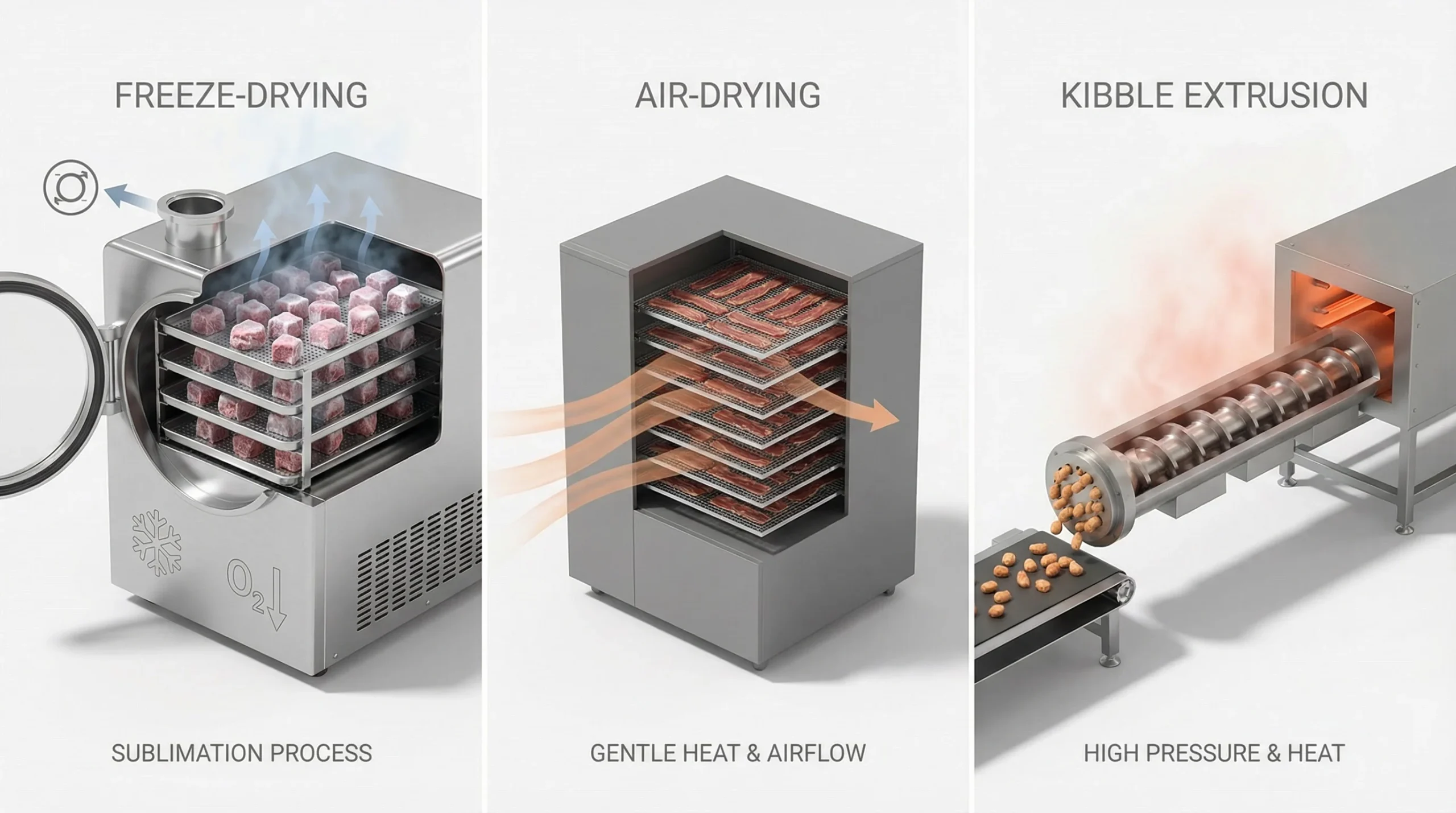 Three-panel 3D comparison on a white seamless background showing how each pet food processing method removes moisture. Left: stainless-steel freeze-dr