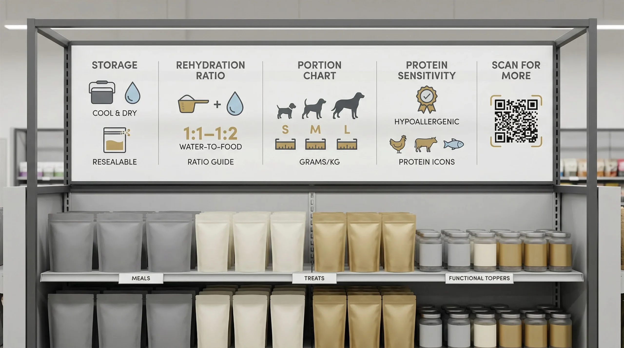 3D render of an in-aisle FAQ wall panel mounted above a freeze-dried pet nutrition shelf. The white modular board presents large, clean pictograms and