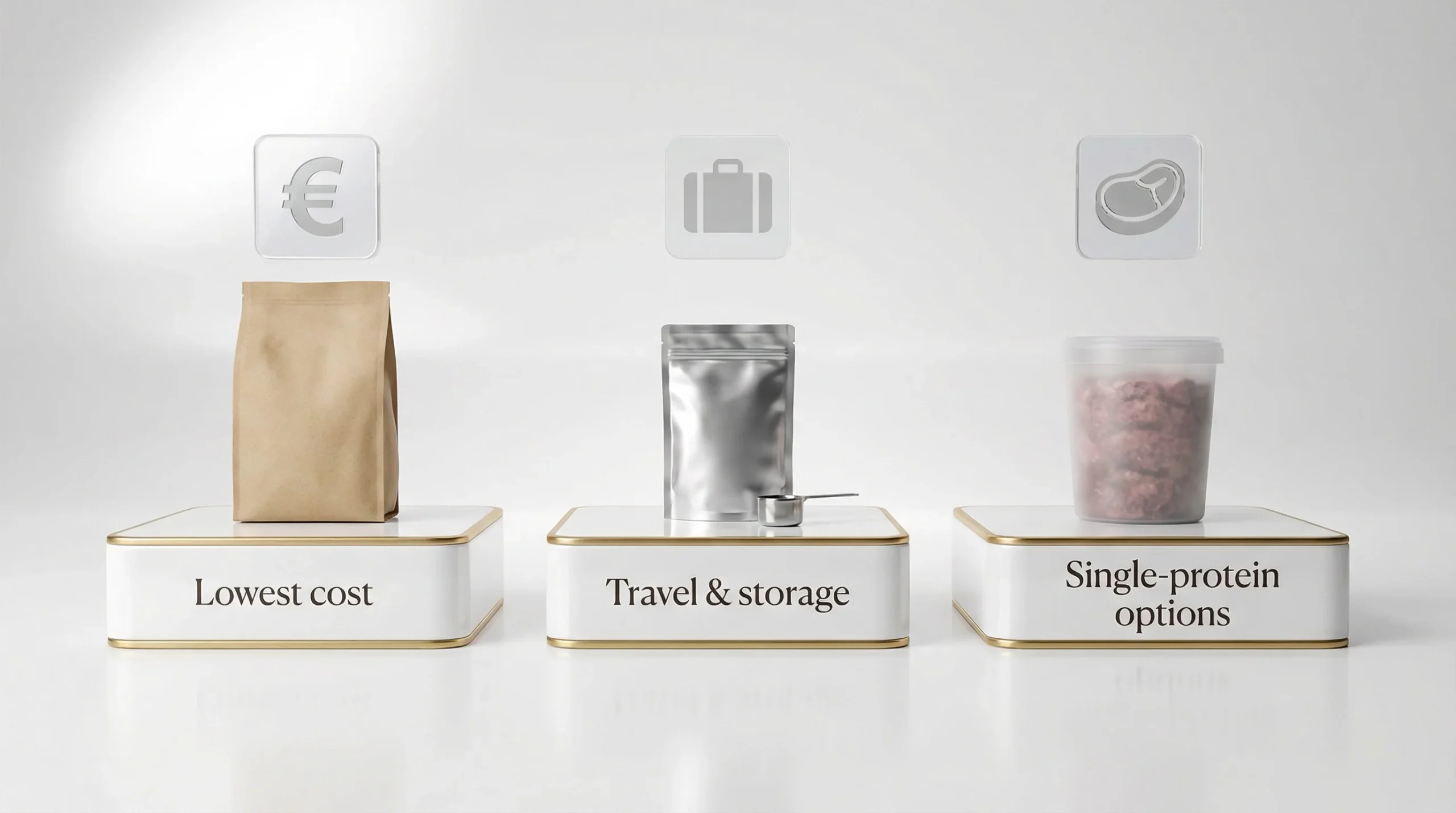 3D render, decision podium scene on a white seamless: three glossy podium blocks in a row with gold accent trim, labeled 'Lowest cost', 'Travel & stor