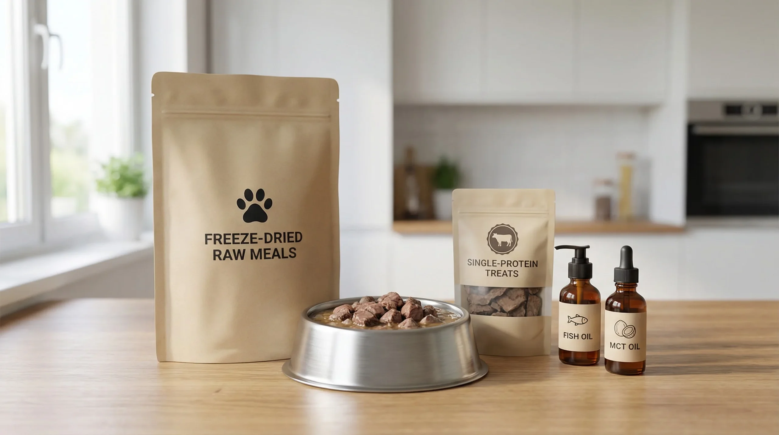 Premium 3D render on a light wood kitchen countertop. Brand-neutral daily feeding lineup: a matte stand-up pouch for freeze-dried raw meals (kraft bei