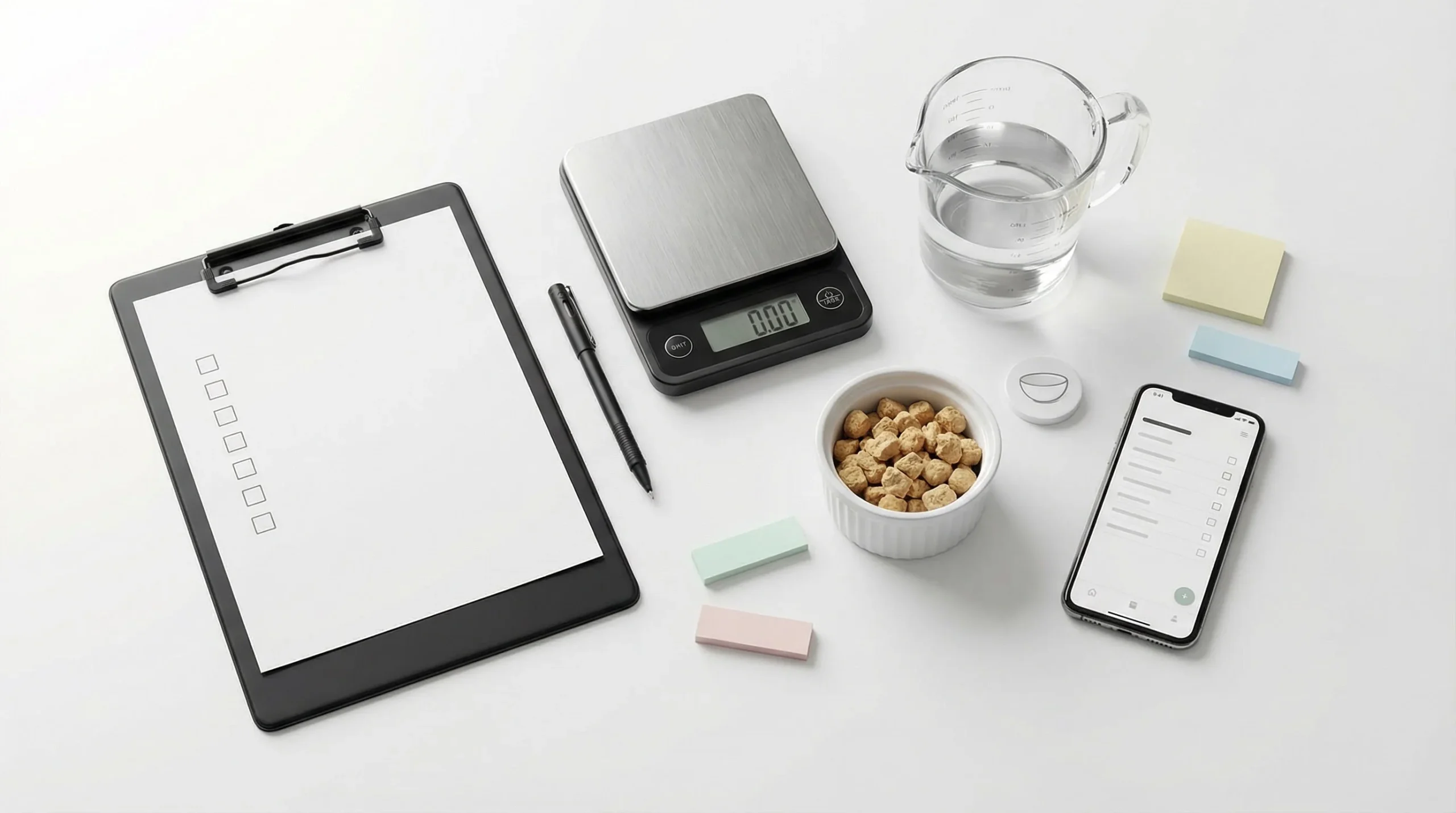 Organized 3D desktop scene for tracking a feeding transition checklist. On a white desk surface: a black matte clipboard holding a clean checklist she