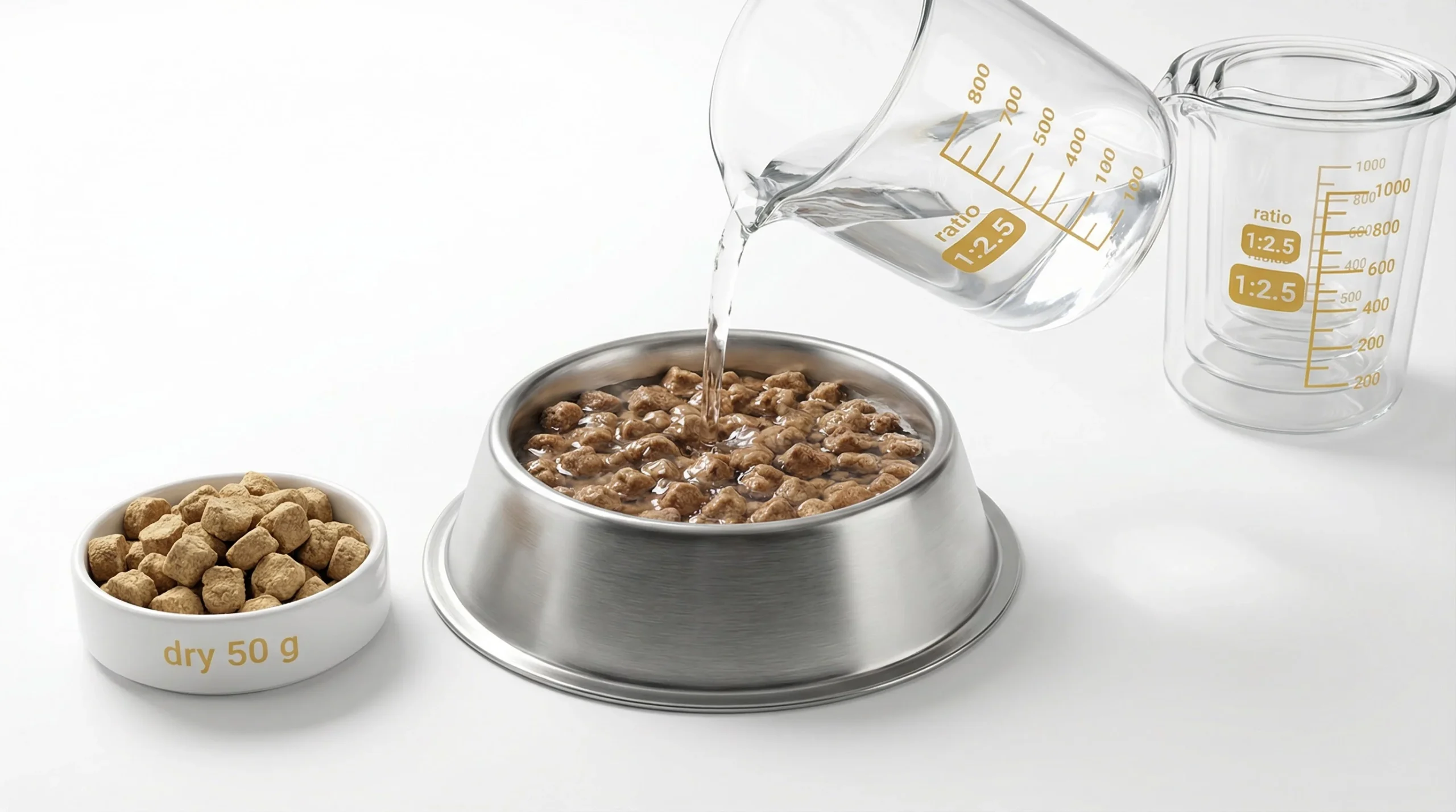3D render of rehydration setup: a stainless steel dog bowl with rehydrated freeze-dried nuggets in a spoonable texture; beside it, a clear borosilicat