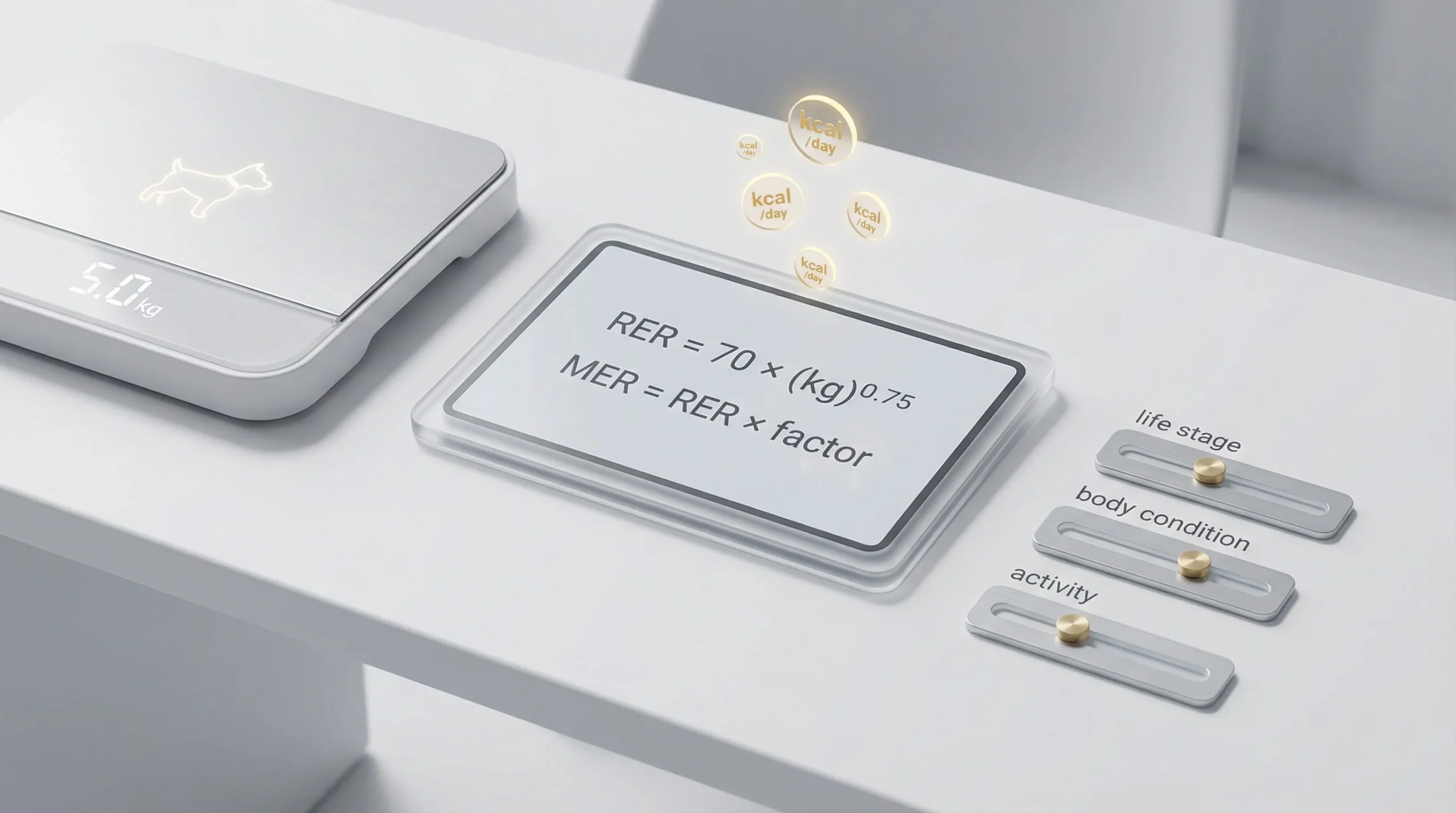 3D render of a clean, minimalist desktop workspace featuring a sleek digital calculator screen showing 'RER = 70 × (kg)^0.75' and 'MER = RER × factor'