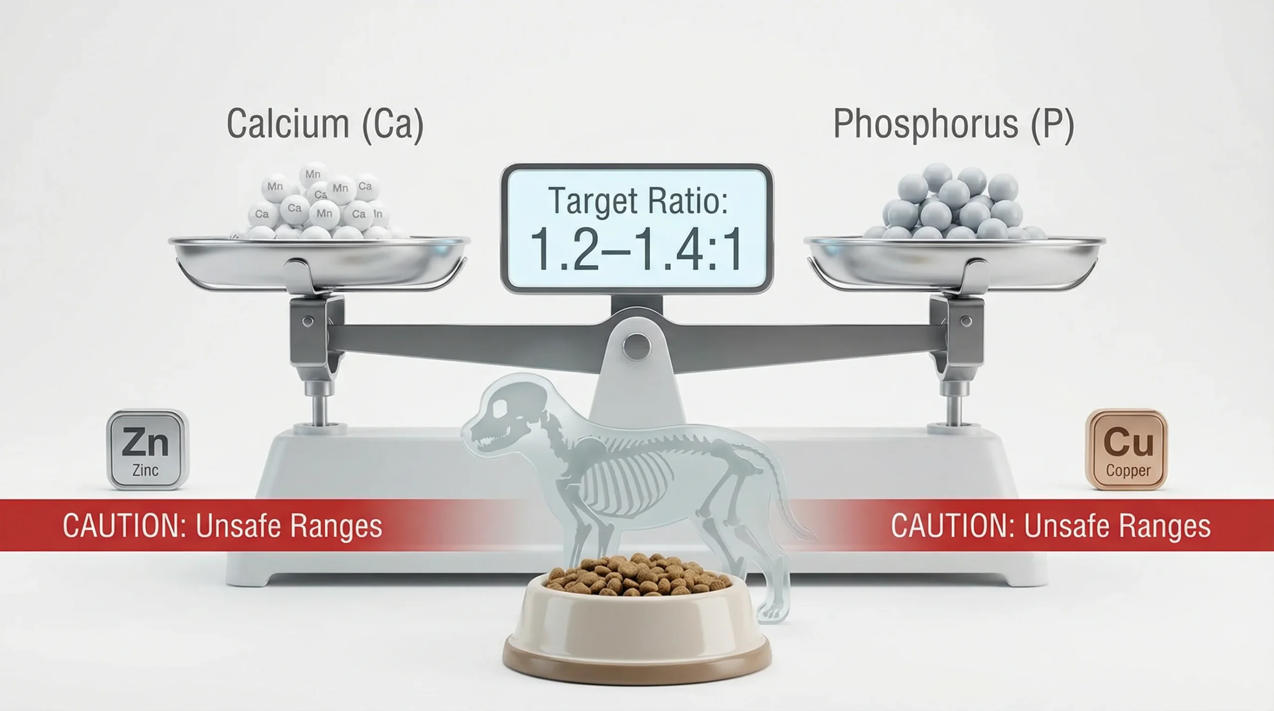 Clean, professional 3D render on a white background visualizing mineral balance for growing puppies: a balanced scale labeled Calcium (Ca) on one side