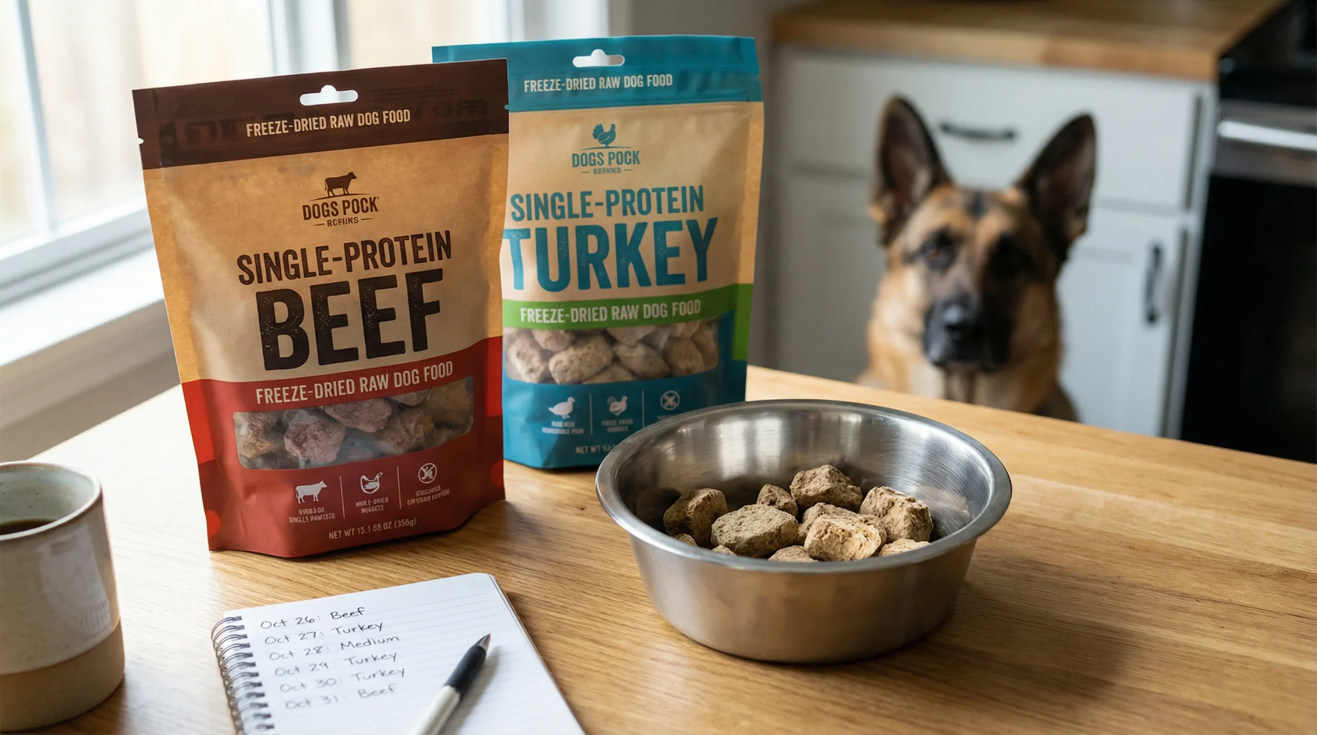 Close-up on a kitchen counter: two freeze‑dried raw dog food bags labeled 'Single‑Protein Beef' and 'Single‑Protein Turkey', a stainless bowl with mea