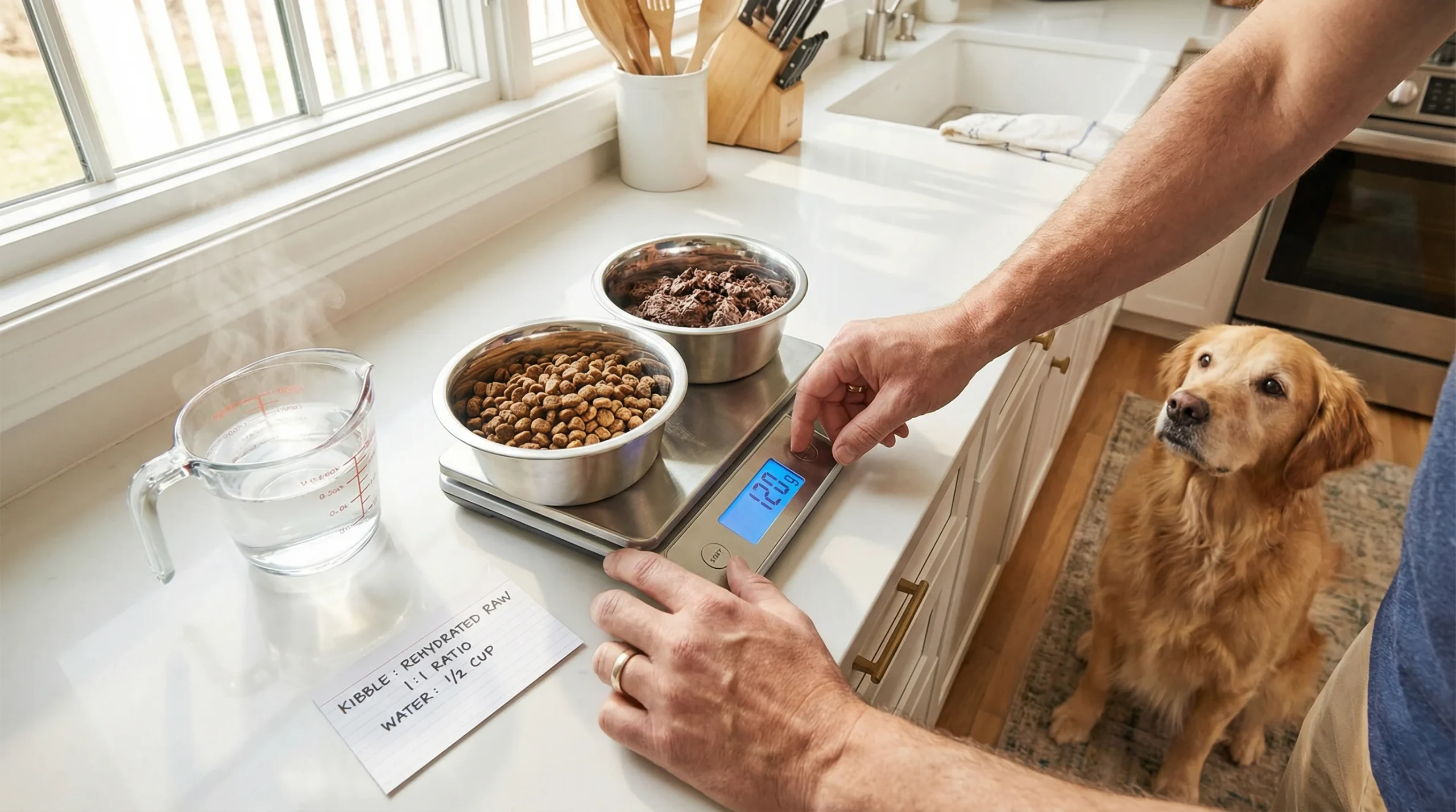 Bright home kitchen scene showing an owner’s hands (no face) adjusting a digital scale while measuring kibble and rehydrated freeze-dried raw in two s