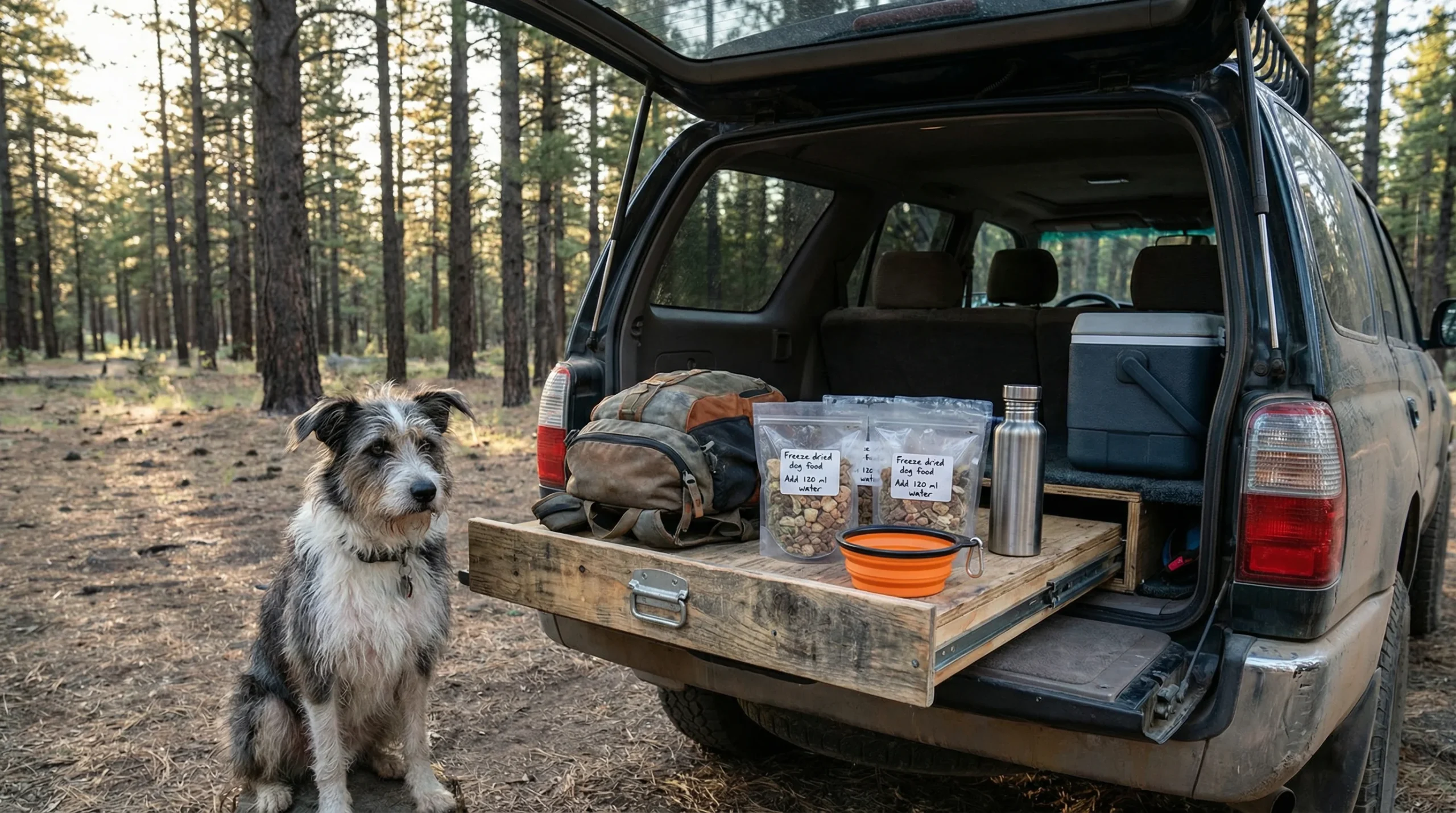 An adventure dog (border collie mix) at a campsite tailgate setup beside a backpack with neatly labeled freeze-dried dog food pouches reading 'Add 120