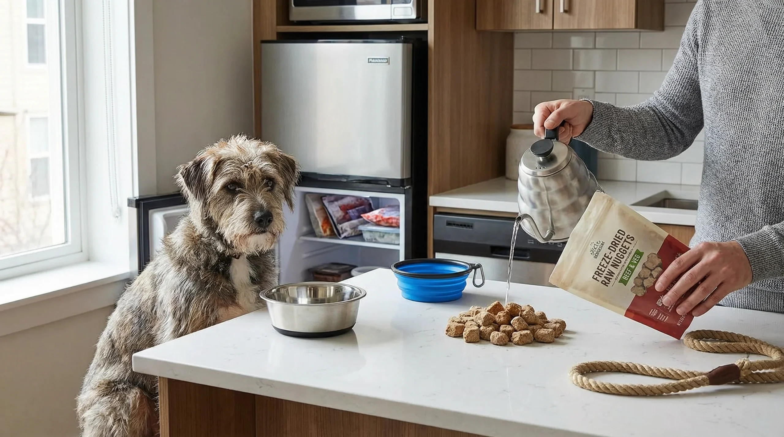 Small apartment kitchen countertop scene: a medium-sized dog waits by a stainless-steel bowl while a person’s hands pour warm water over freeze-dried 