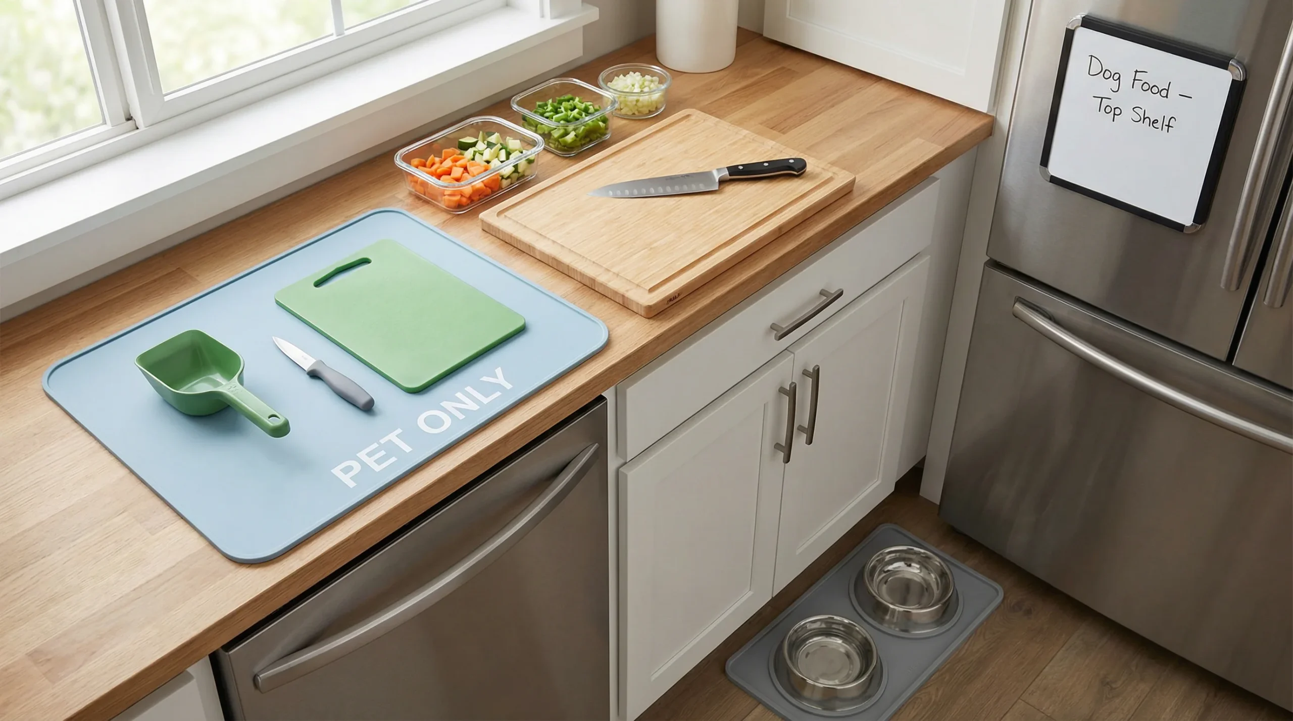 A tidy home kitchen showing two clearly separated prep zones: on the left, a labeled 'Pet Only' silicone mat with a color-coded scoop, knife, and cutt
