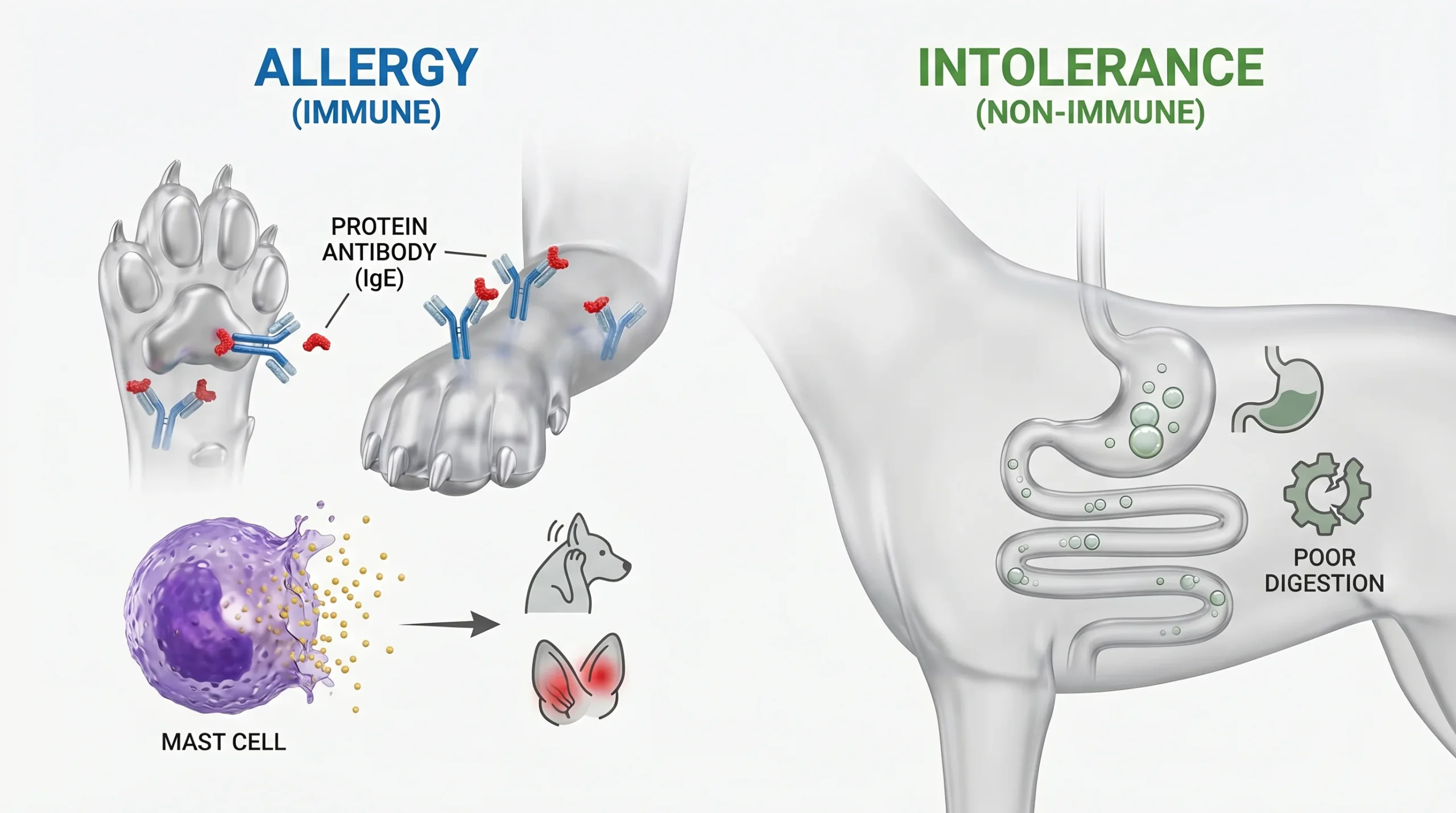 Studio 3D comparison of canine food allergy vs intolerance: left side shows antibodies (IgE) binding to dietary protein fragments and a mast cell rele