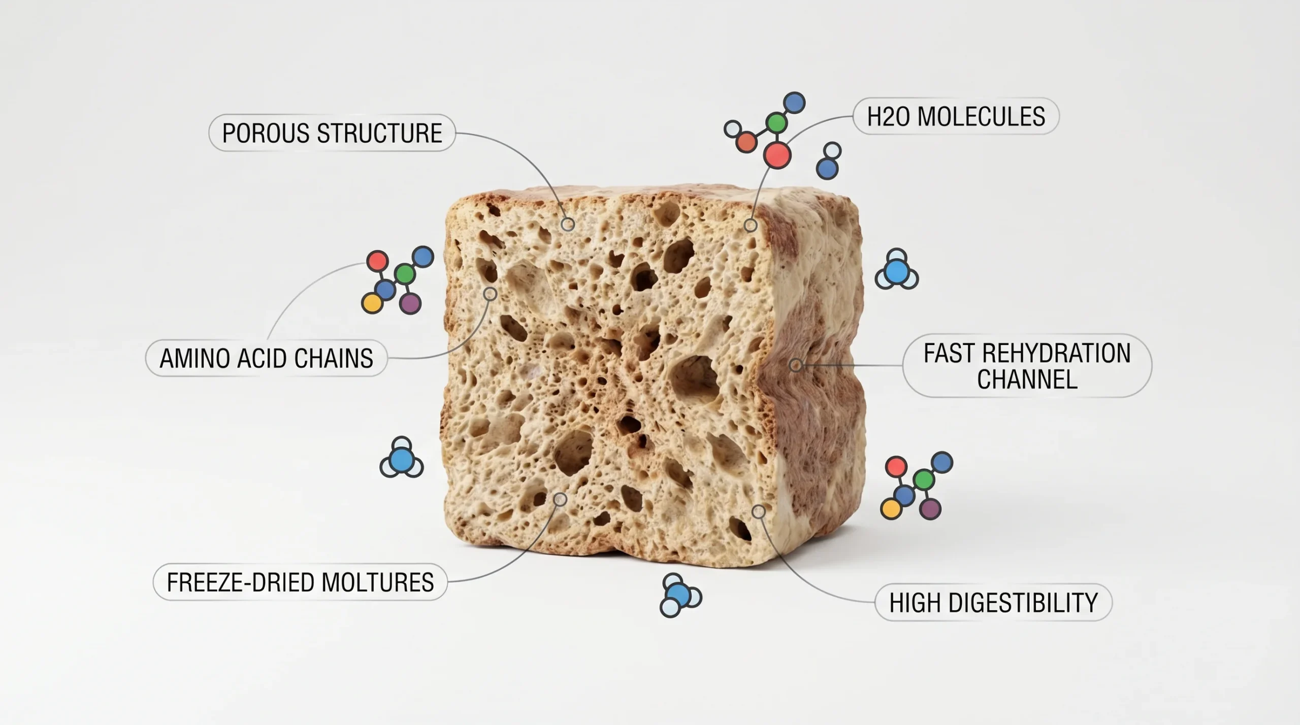 Studio 3D render on a neutral white background showing a cross-section of a freeze-dried meat cube with a porous, airy structure. Surround it with sim