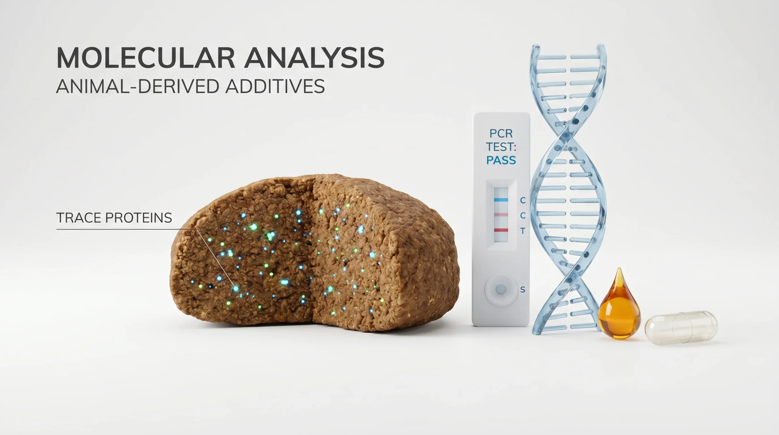 Studio 3D render on a white background showing a cross-section of dog kibble with tiny highlighted particulate inclusions representing trace proteins,