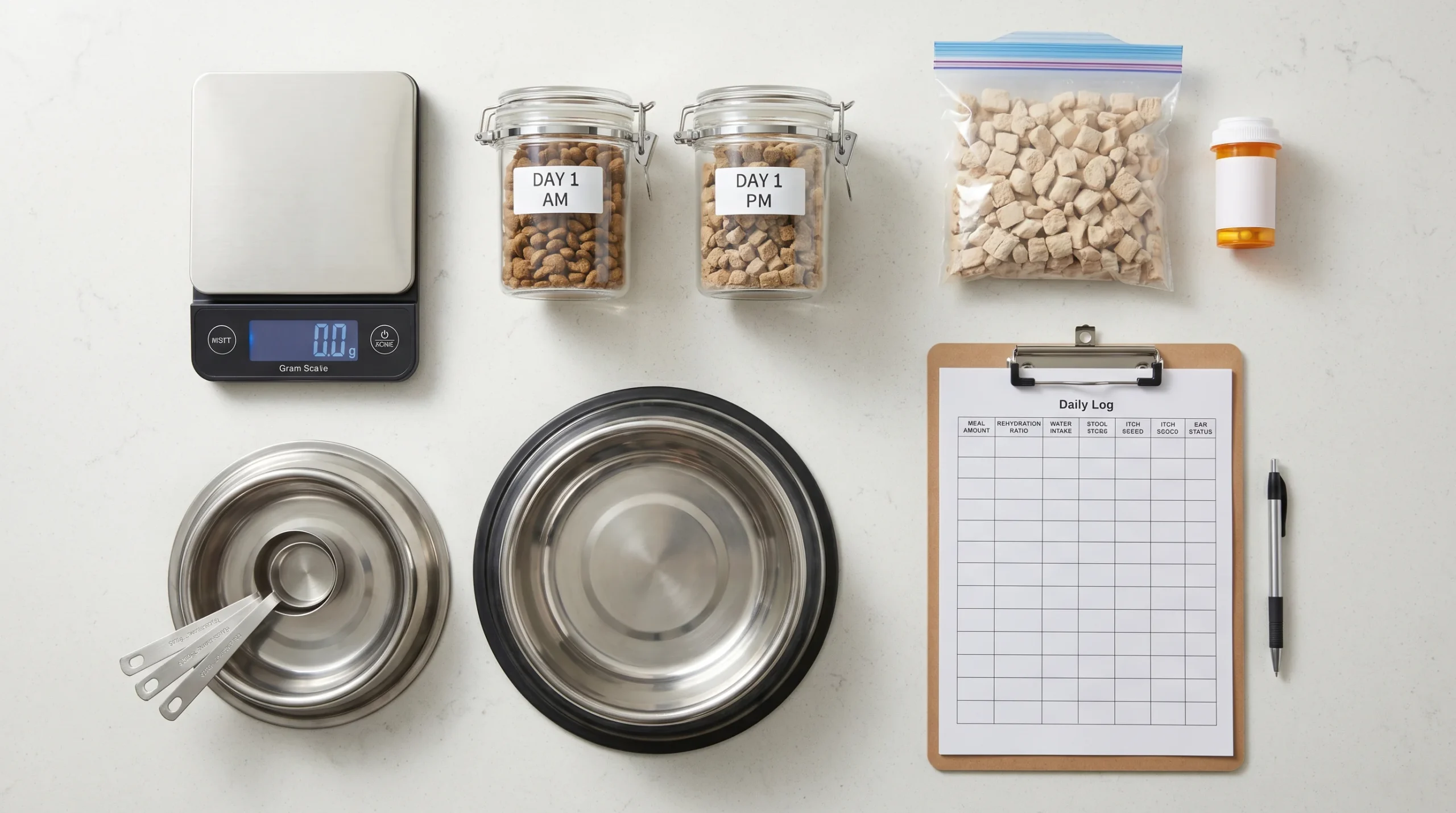Overhead flat-lay of a clean kitchen counter with a digital gram scale, stainless steel dog bowl, measuring cups, airtight meal containers labeled 'Da