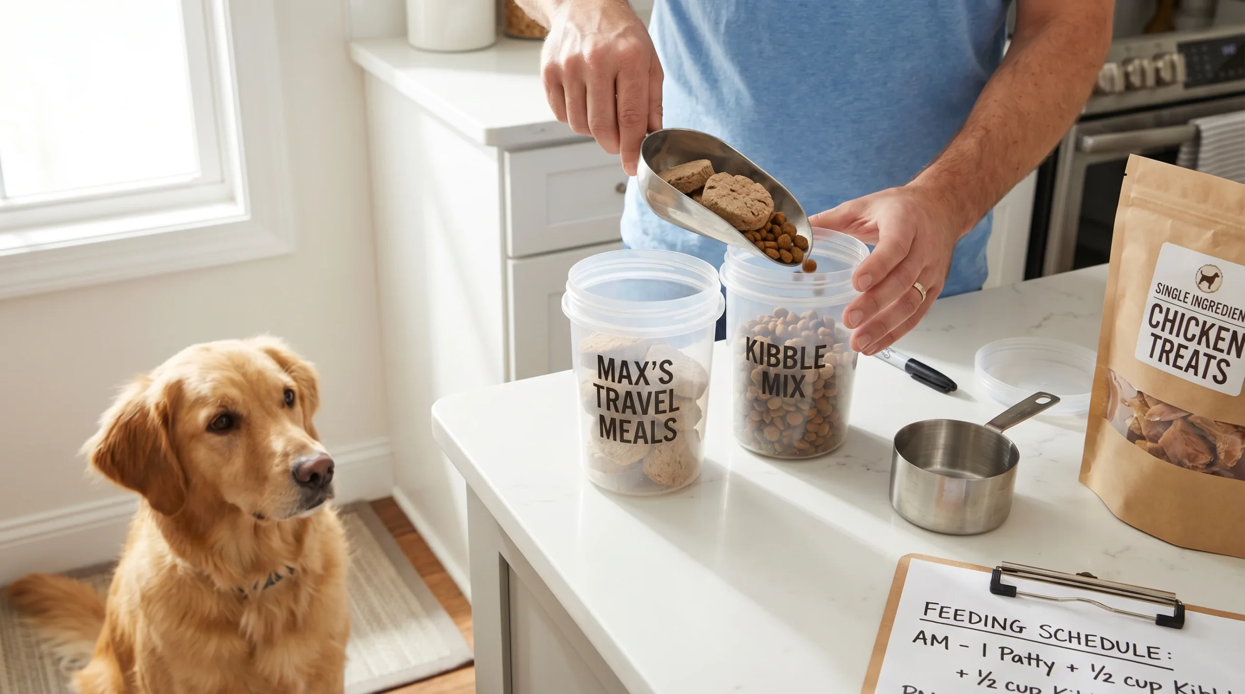Bright kitchen scene: an owner's hands portioning freeze-dried dog food patties and kibble into labeled travel containers on a clean countertop; a med