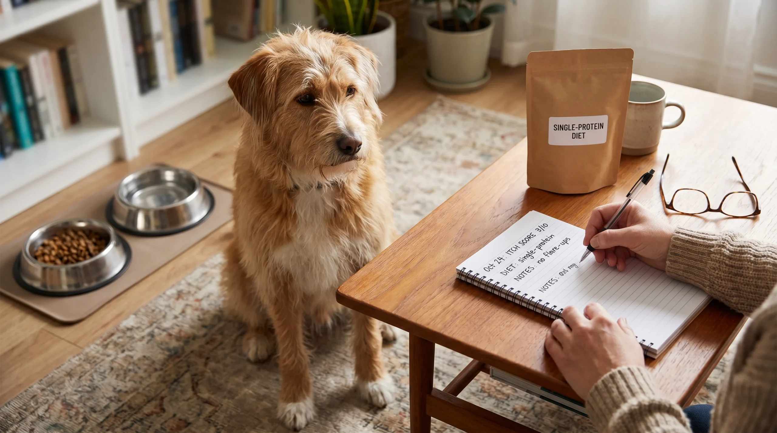 Cozy home scene with no human faces: a medium-sized mixed-breed dog sits calmly beside a low table while a person's hands update a paper symptom diary