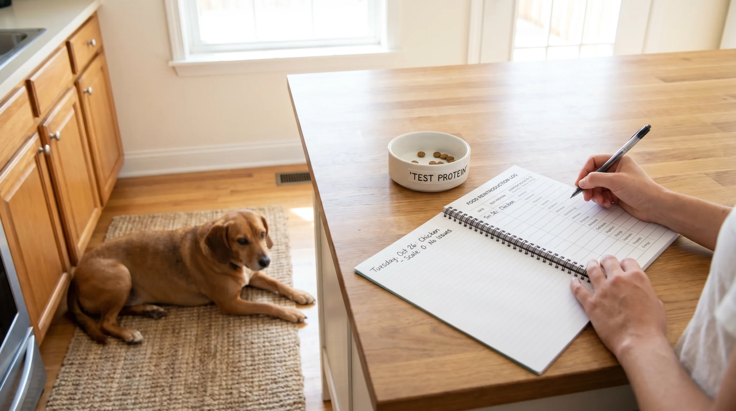 Home setup for a dog food reintroduction: medium-sized short-haired dog resting calmly on a mat; a countertop with an open notebook showing a dated sy