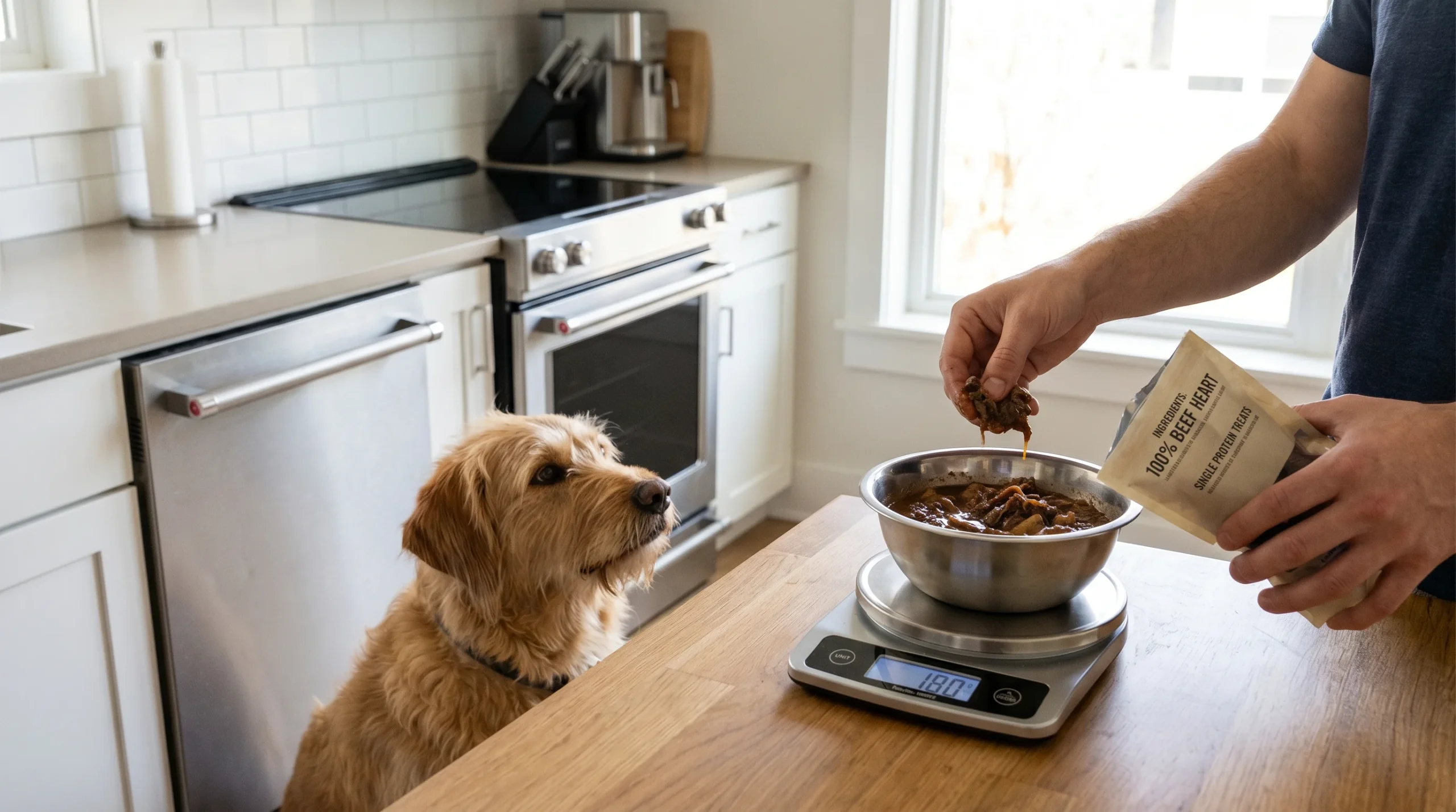 Kitchen countertop scene: a person’s hands (no faces visible) reading ingredient labels on dog treats while measuring a rehydrated single‑protein free
