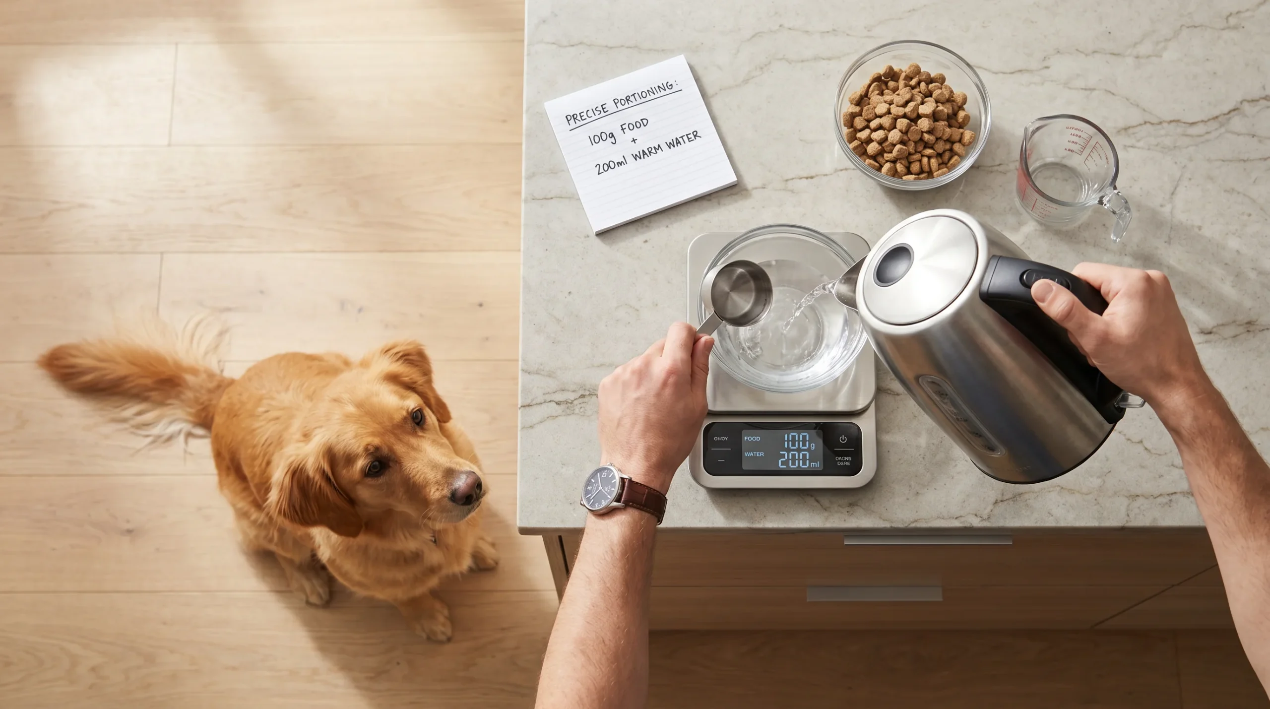 Overhead shot of a medium-sized adult dog calmly waiting near a kitchen counter while a person’s hands (no face visible) rehydrate freeze-dried, singl