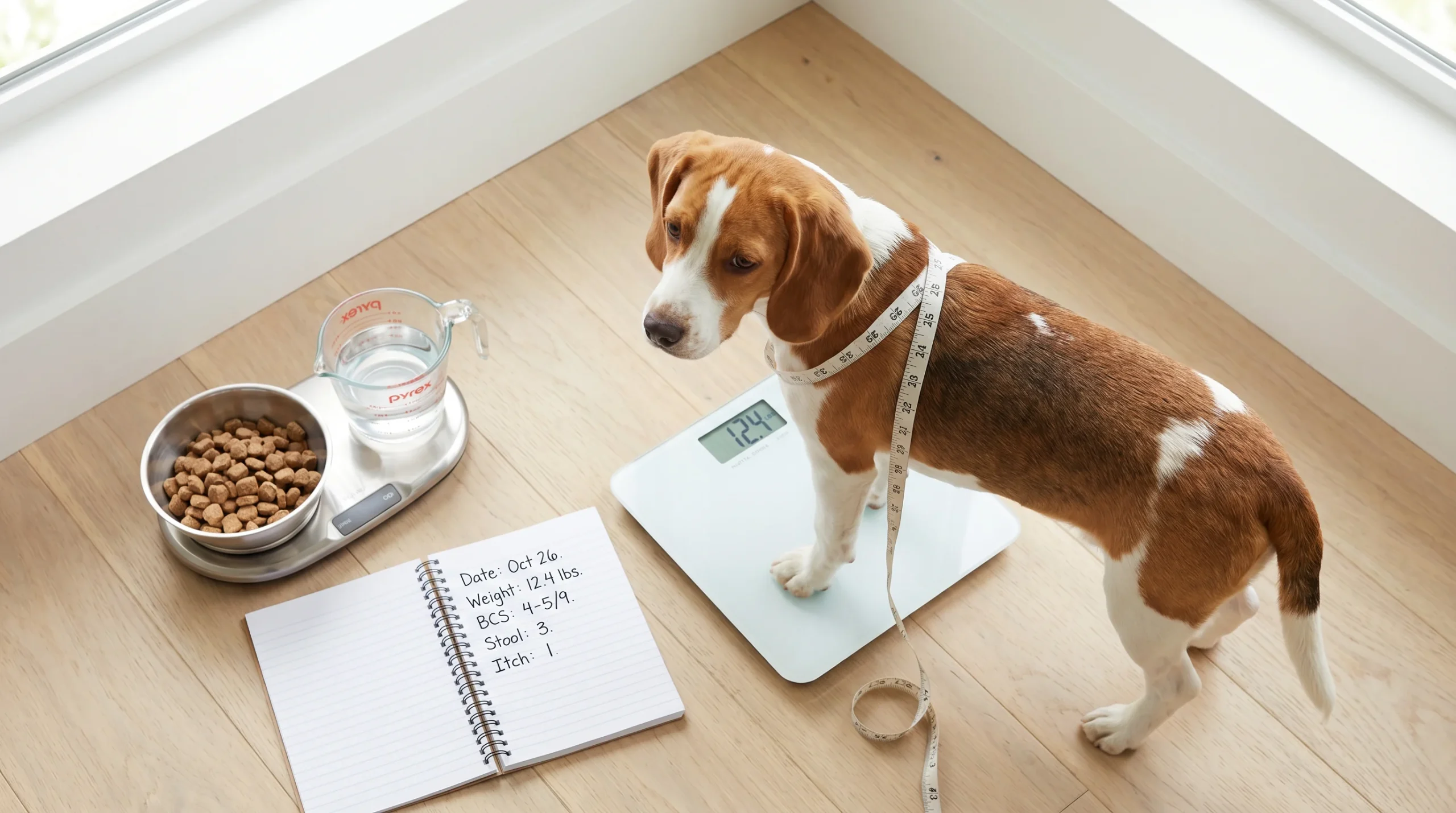 Overhead view of a medium-breed puppy standing calmly on a digital pet scale at home; a soft measuring tape around its chest; nearby a notebook open t