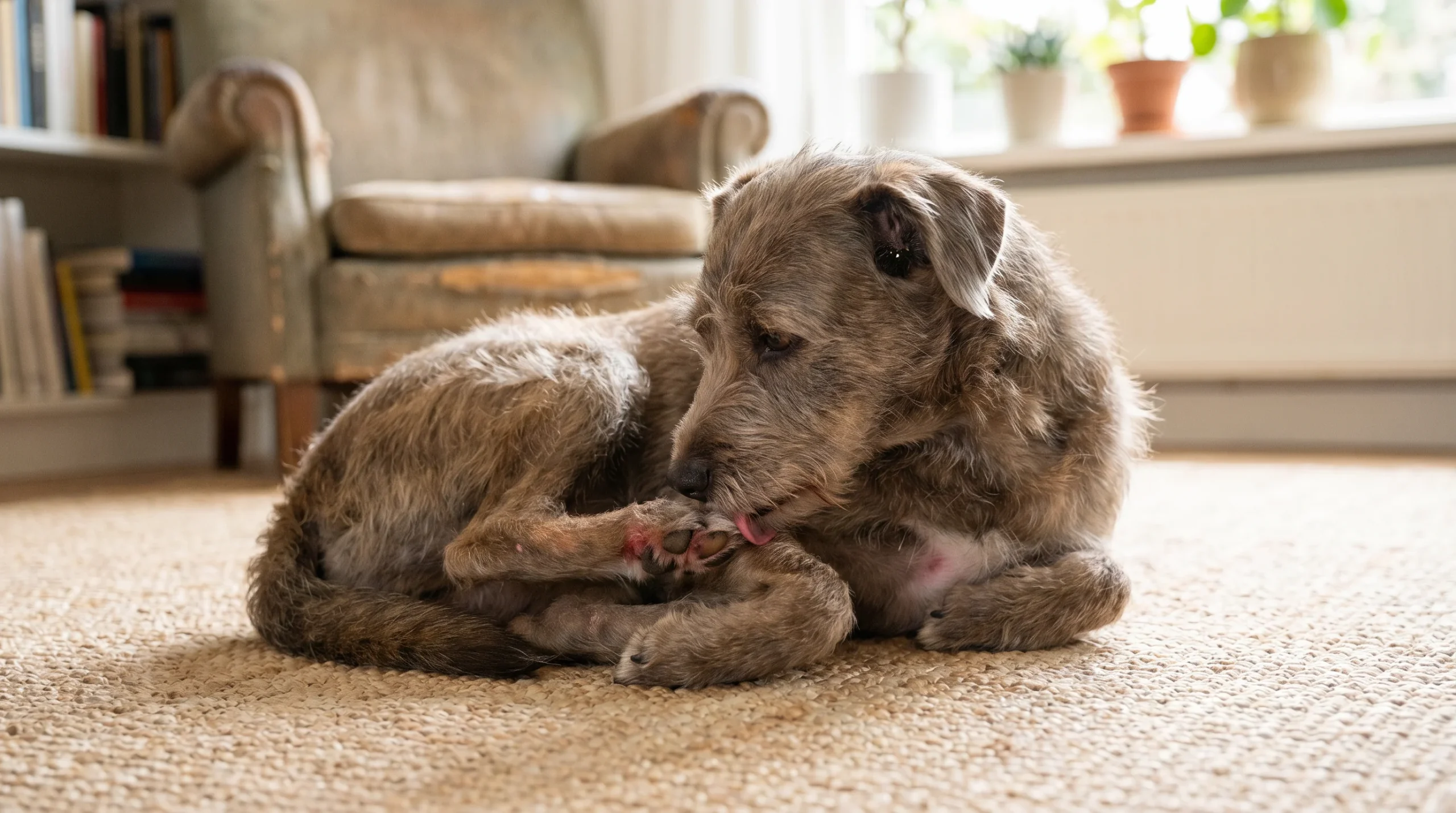 A medium-size mixed-breed dog lying on a light-colored rug, intently licking one front paw. Mild redness is visible on the paw and a small irritated p